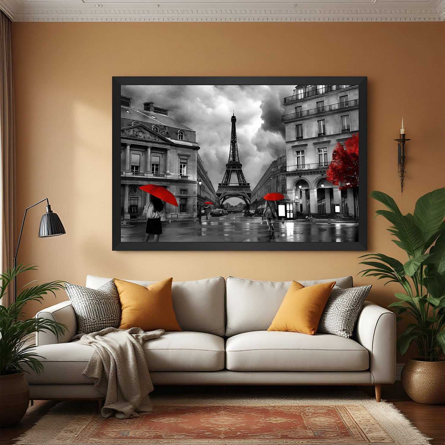 Framed canvas of black and white Eiffel Tower cityscape with subtle red tones, perfect for modern interiors and urban-inspired wall styling