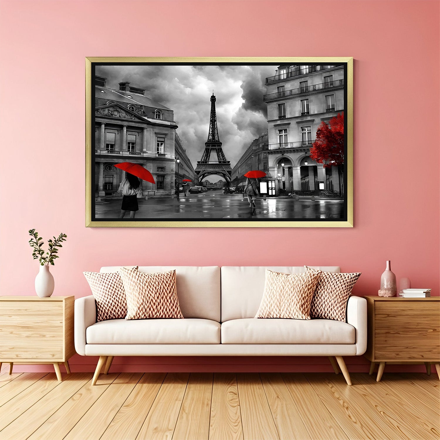 Golden frame canvas of Paris city view with Eiffel Tower in black & white and red elements, elegant and modern decor for stylish spaces