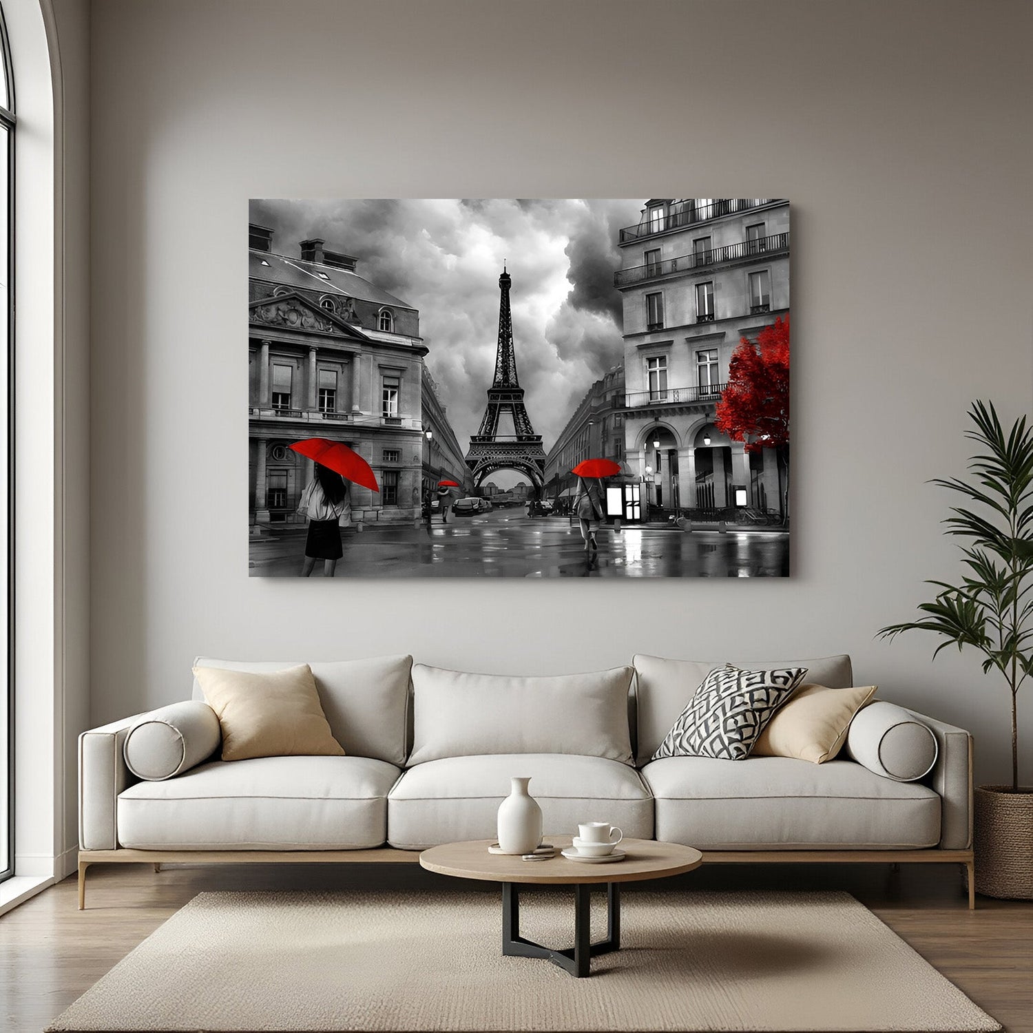 Eiffel Tower and city skyline in black and white with red accents, modern painted canvas wall art that blends elegance and Parisian charm