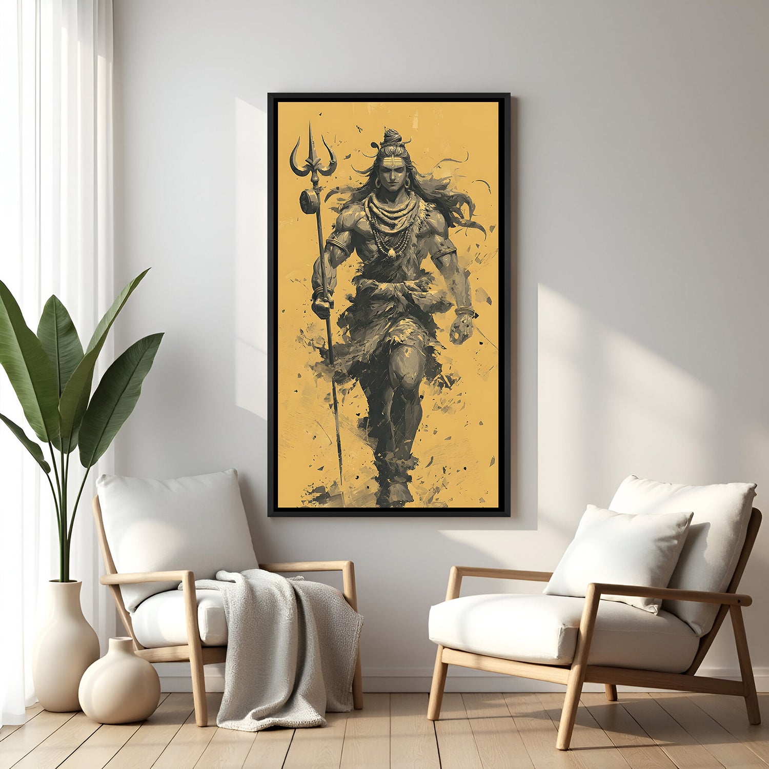Minimalist Mahadev trident artwork with yellow background in elegant black floater frame