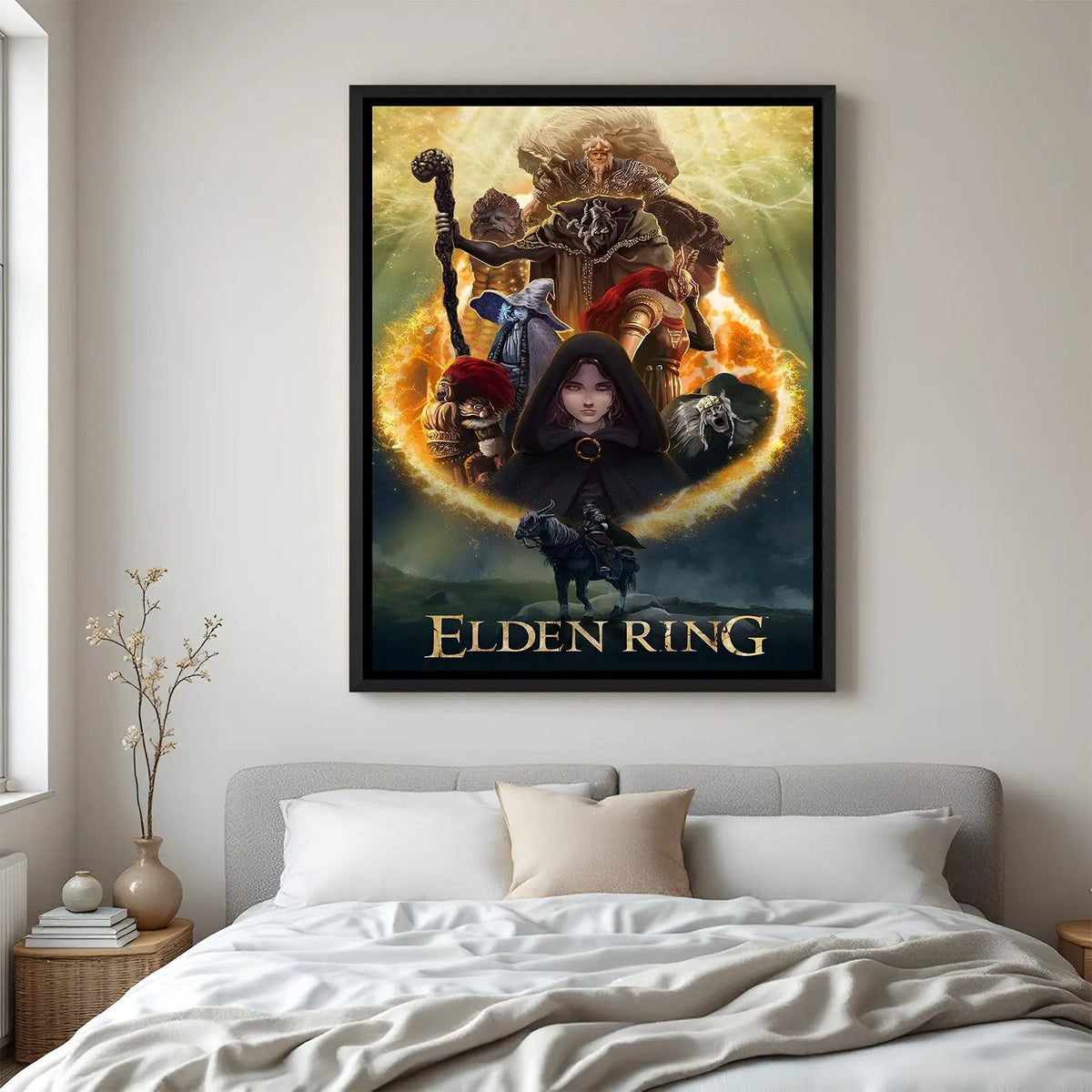Elden Ring Crown of the Tarnished wall painting in black floater frame with cinematic fantasy RPG artwork