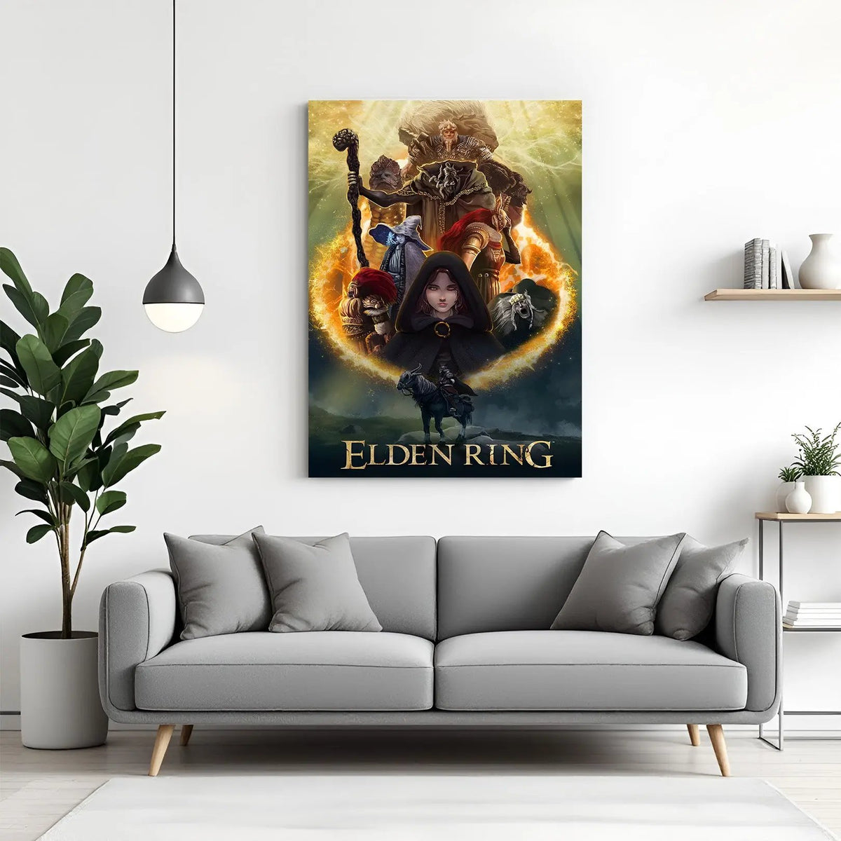 Elden Ring Crown of the Tarnished canvas wall art featuring epic dark fantasy warrior artwork in premium canvas wrapped frame