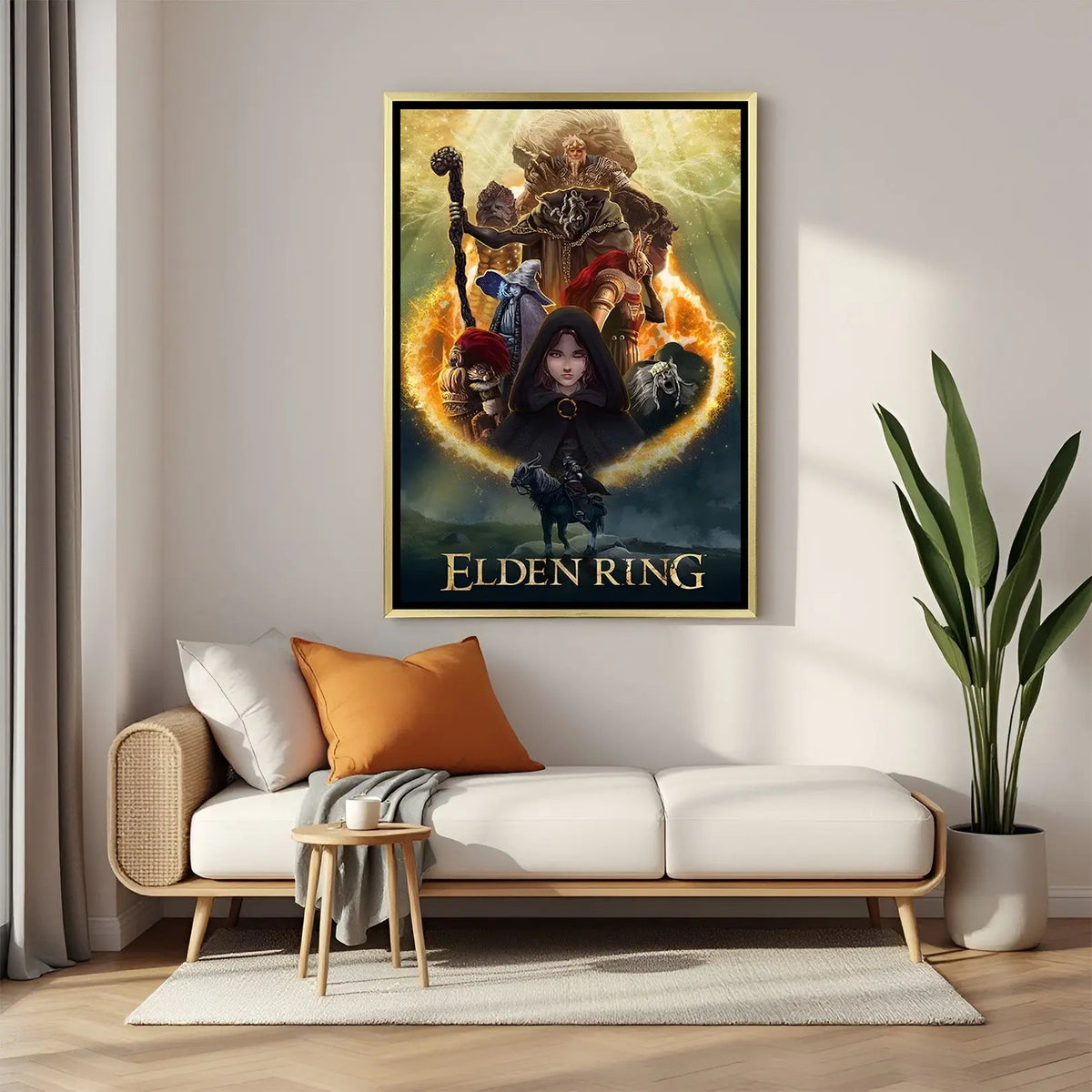 Elden Ring Crown of the Tarnished artwork in luxury golden floater frame featuring legendary fantasy warrior design