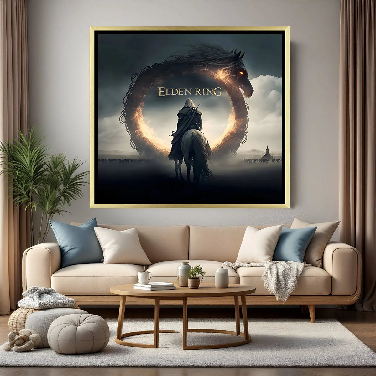 Elden Ring Legacy of the Erdtree artwork in luxury golden floater frame featuring legendary fantasy landscape and warrior design