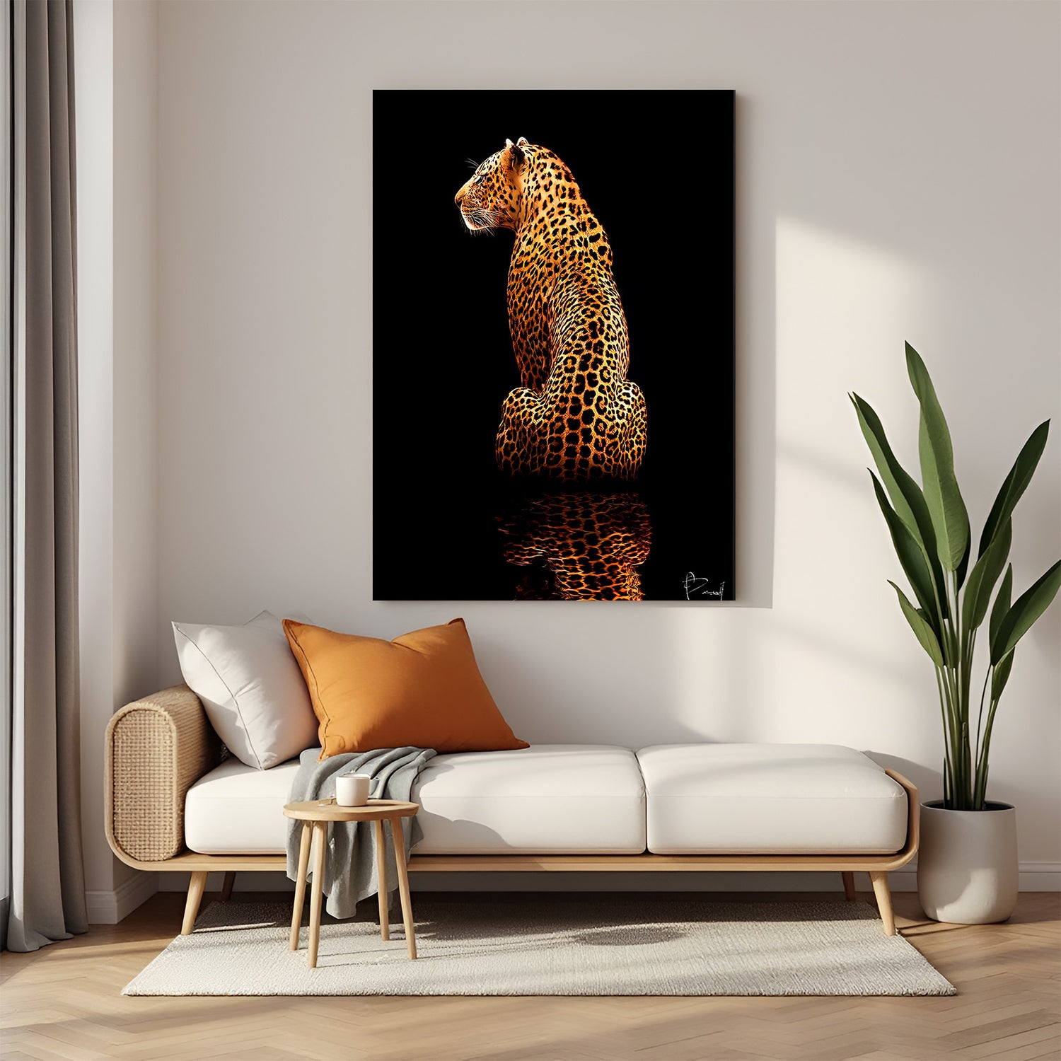 Elegant leopard sitting with back facing, canvas wall art on black background