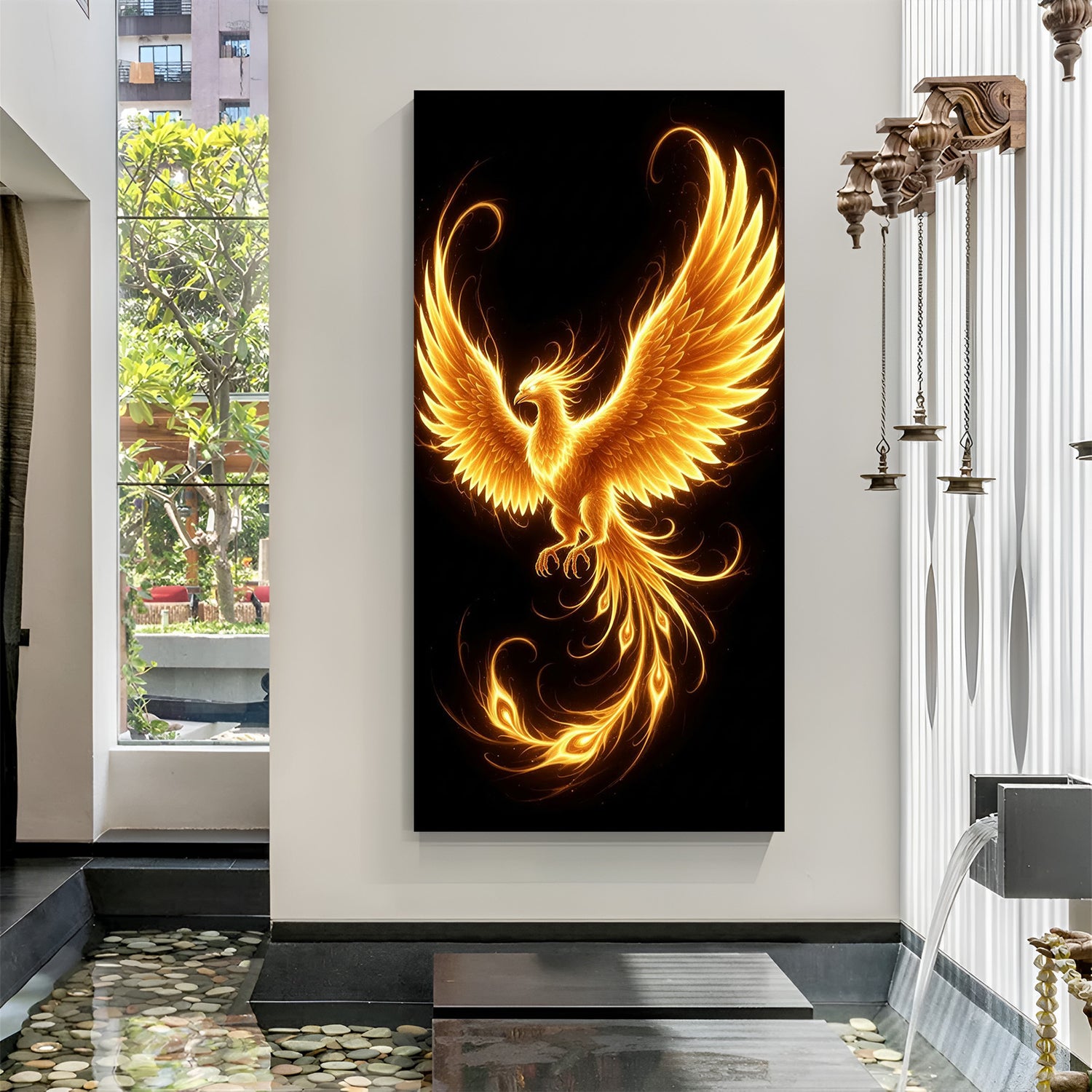 elegant phoenix wall art on black background symbolizing rebirth strength and inner transformation for home decor