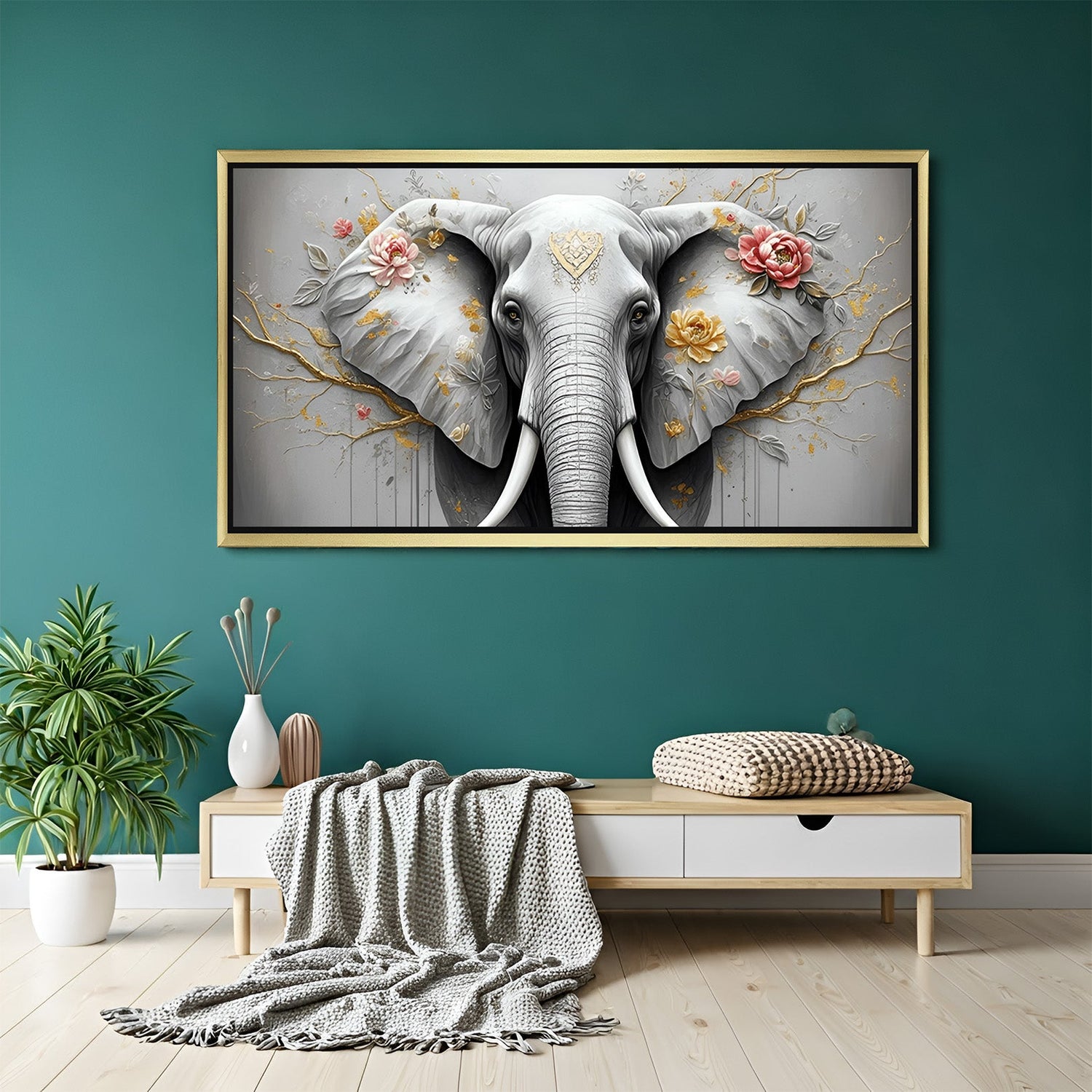 Decorative elephant canvas in golden floater frame, perfect for ethnic, spiritual, or wildlife-inspired interior styling