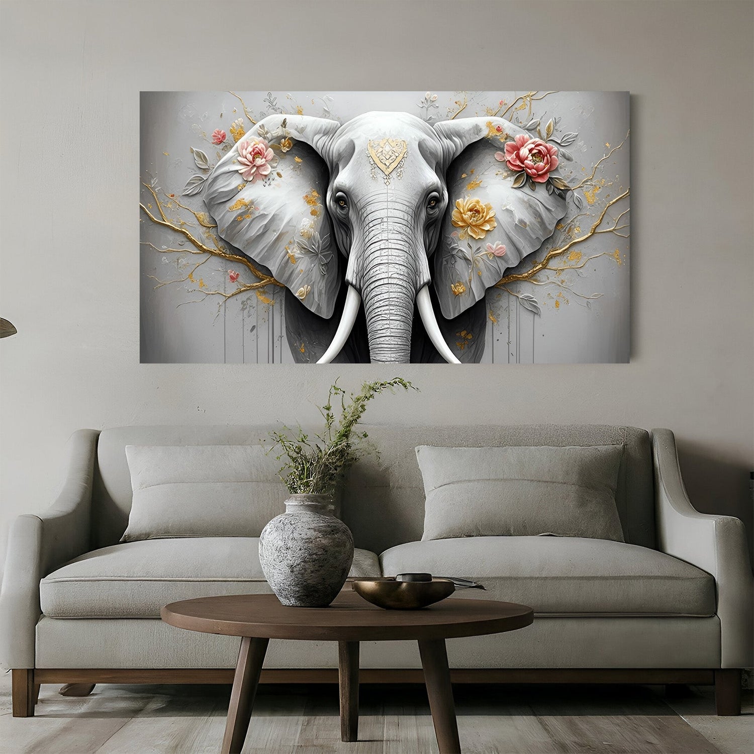 Majestic elephant canvas wall art for calm and powerful home interiors, symbolizing strength and peace in artistic style