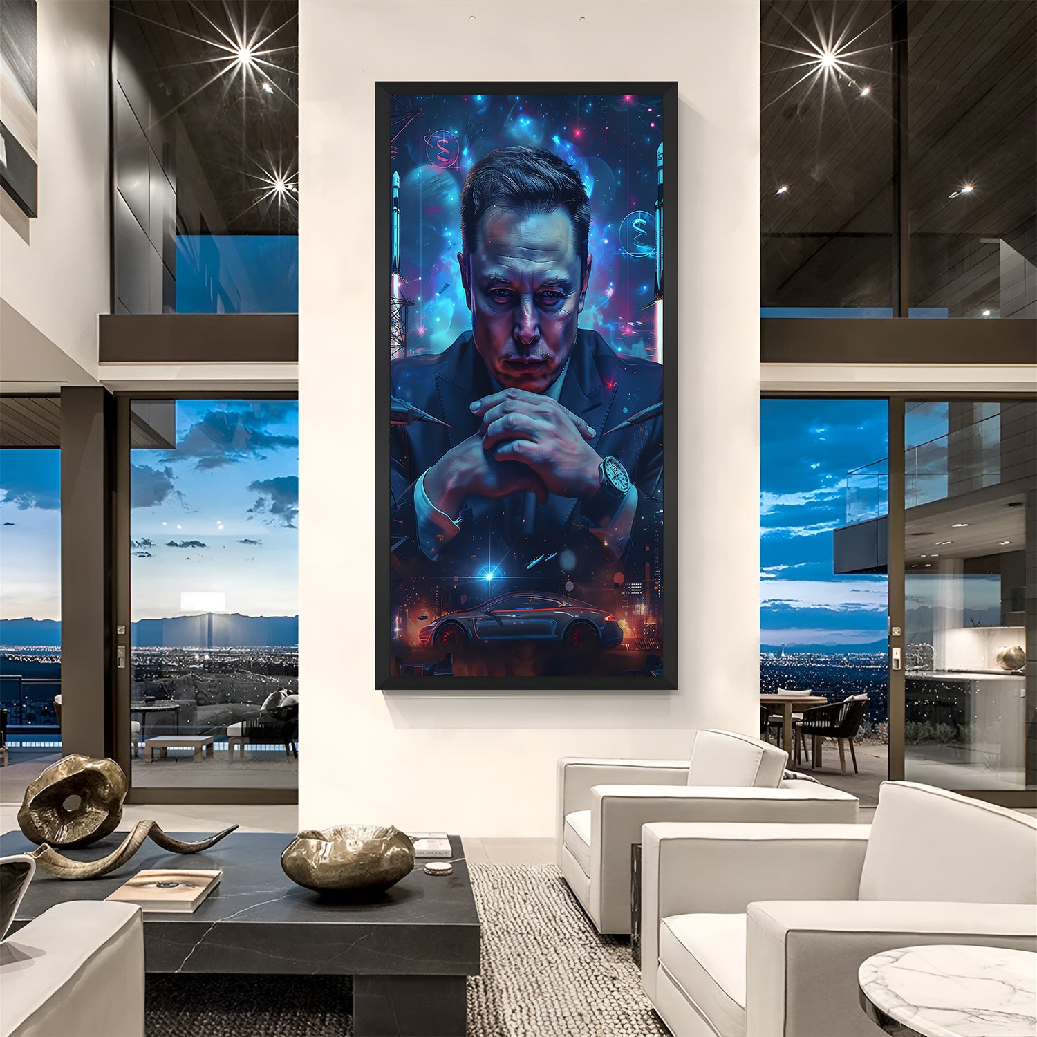 Elon Musk digital portrait wall art in black floater frame, featuring abstract cyber design for modern office or home