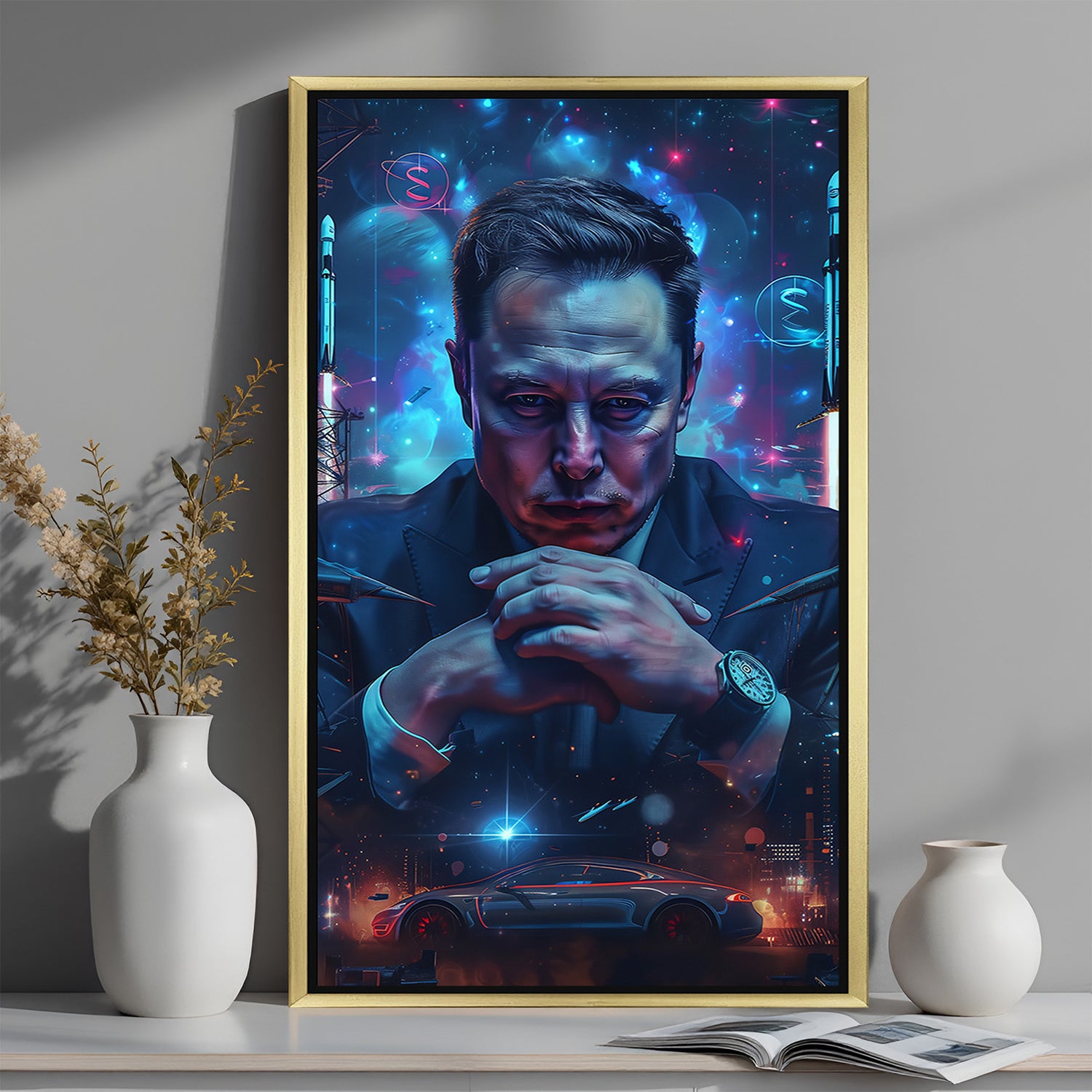 Framed canvas artwork of Elon Musk with tech visionary theme and golden floater frame for sleek modern wall decor