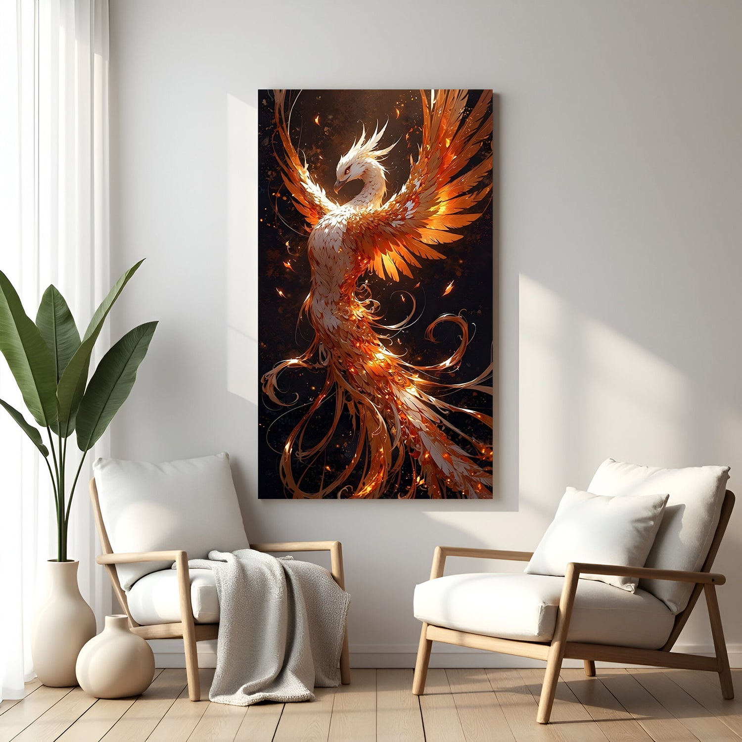 Vertical white and gold phoenix wall art with glowing ember wings against dark background.