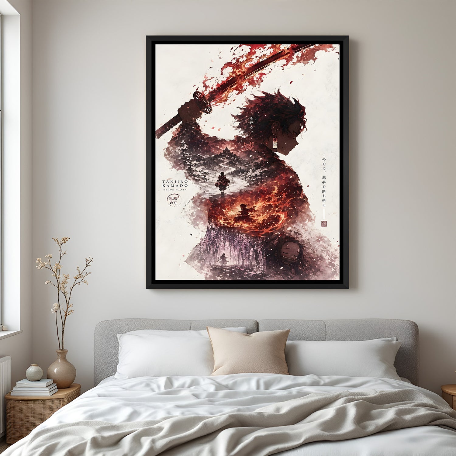 Tanjiro anime artwork in elegant black floater frame with cinematic fire and warrior-inspired design