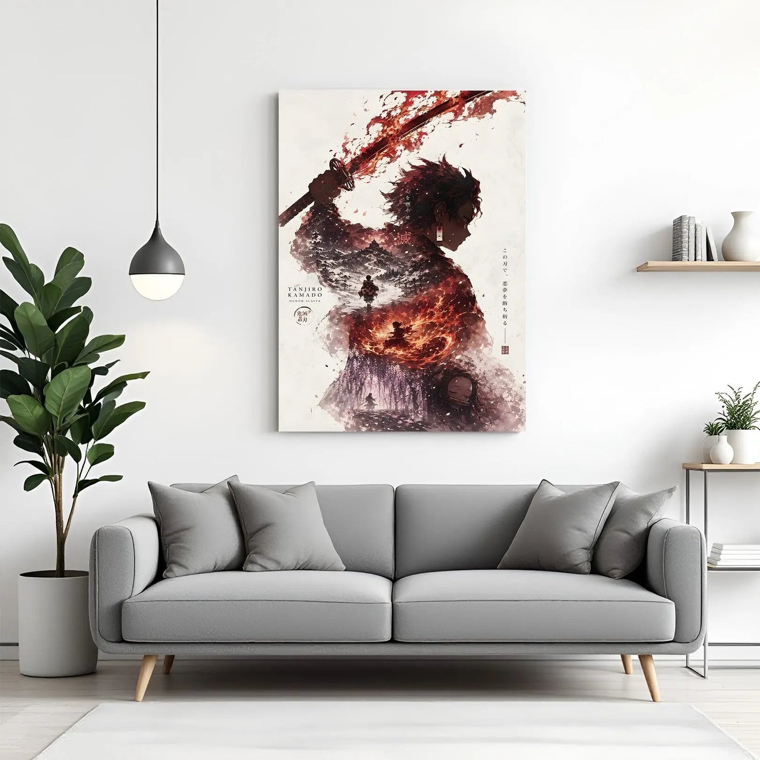 Tanjiro Kamado anime canvas wall art featuring fiery landscape artwork in premium canvas wrapped frame