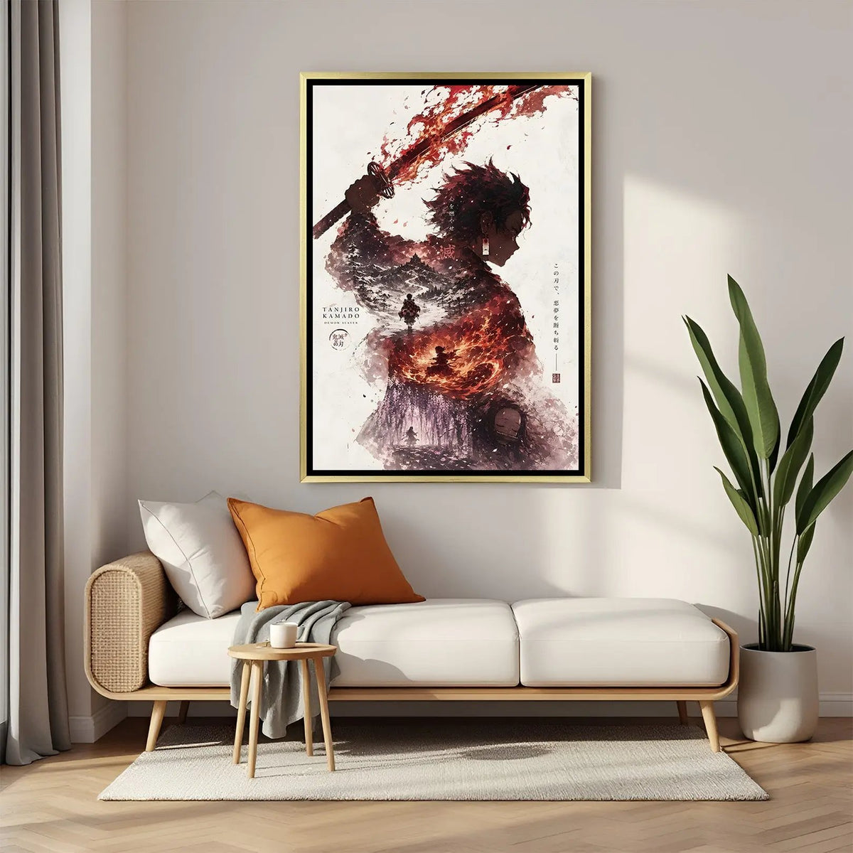 Luxury Tanjiro Kamado canvas artwork in golden floater frame featuring dramatic anime storytelling and fiery visuals