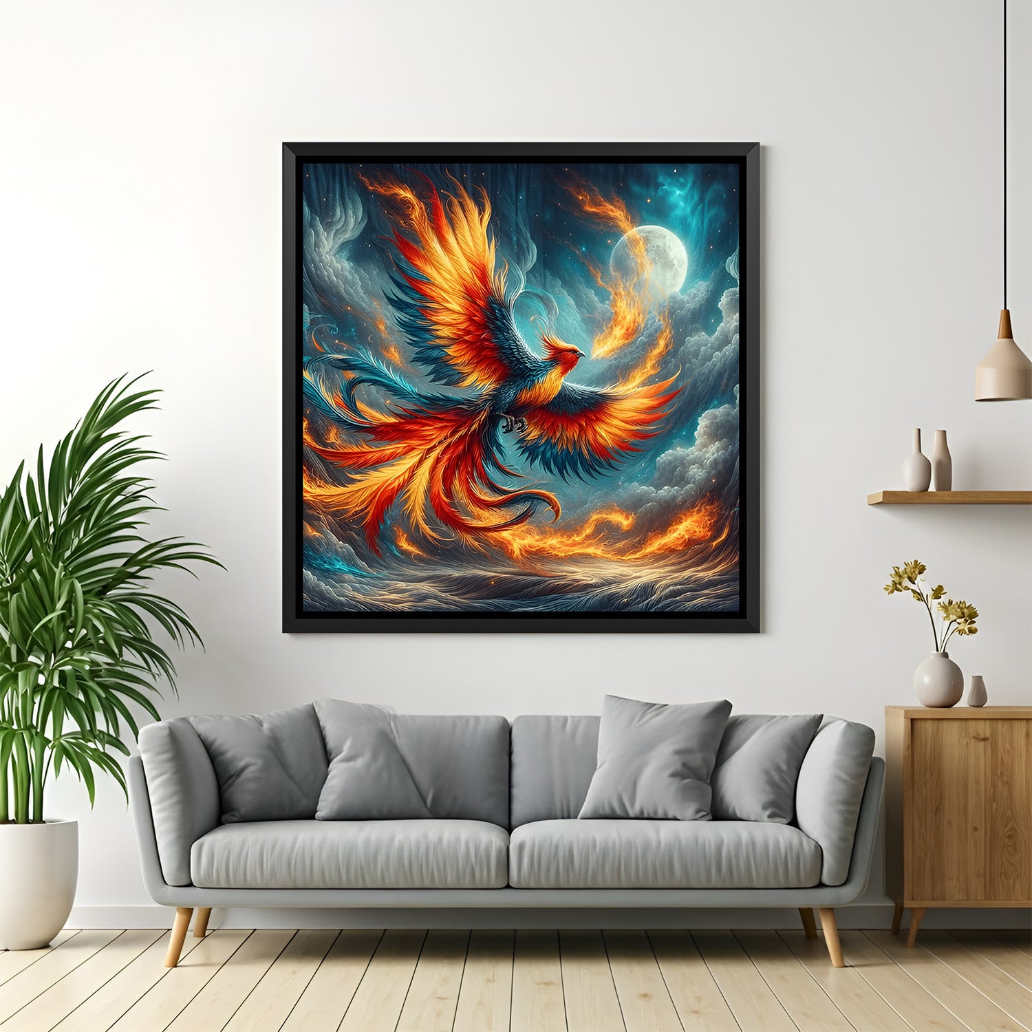 Luxury square phoenix artwork in black frame featuring flames and full moon backdrop.