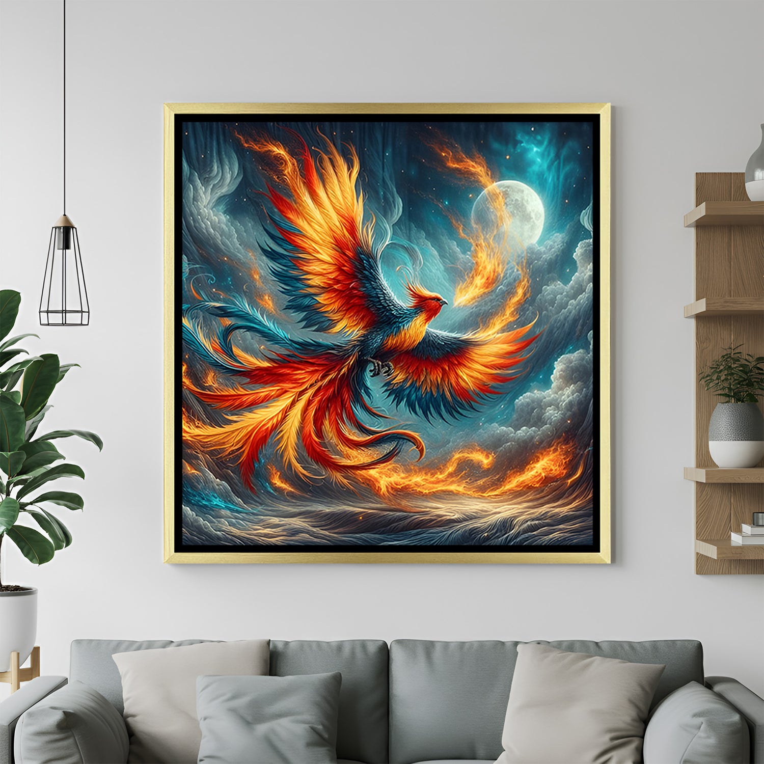 Elegant square phoenix wall art in gold frame with vibrant fire wings and moonlit sky.