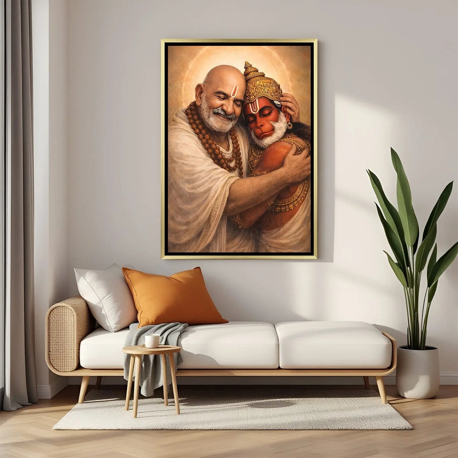 Embrace of Divine Devotion artwork in luxury golden floater frame featuring Neem Karoli Baba and Hanuman Ji smiling together