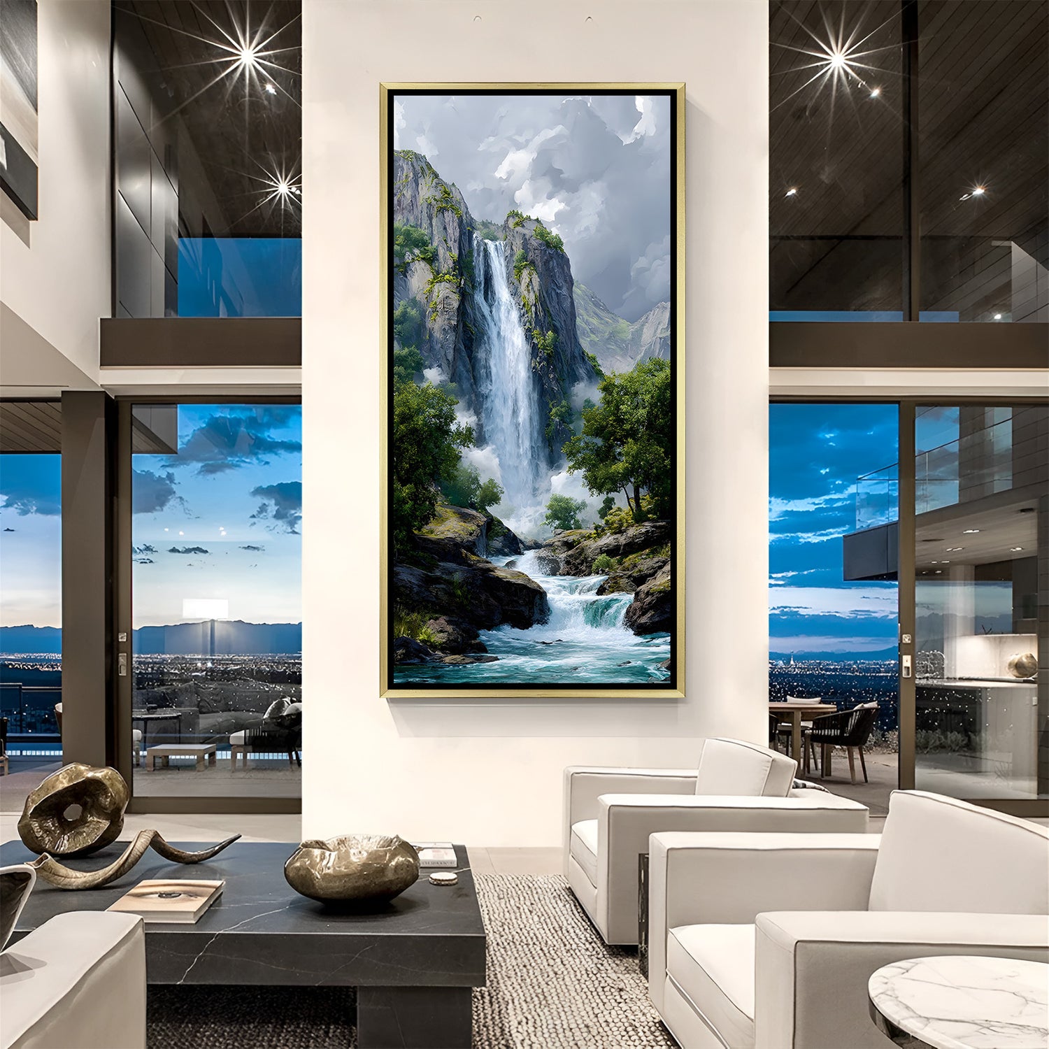 Scenic waterfall canvas painting with rocky cliffs and green forest in luxurious golden floater frame