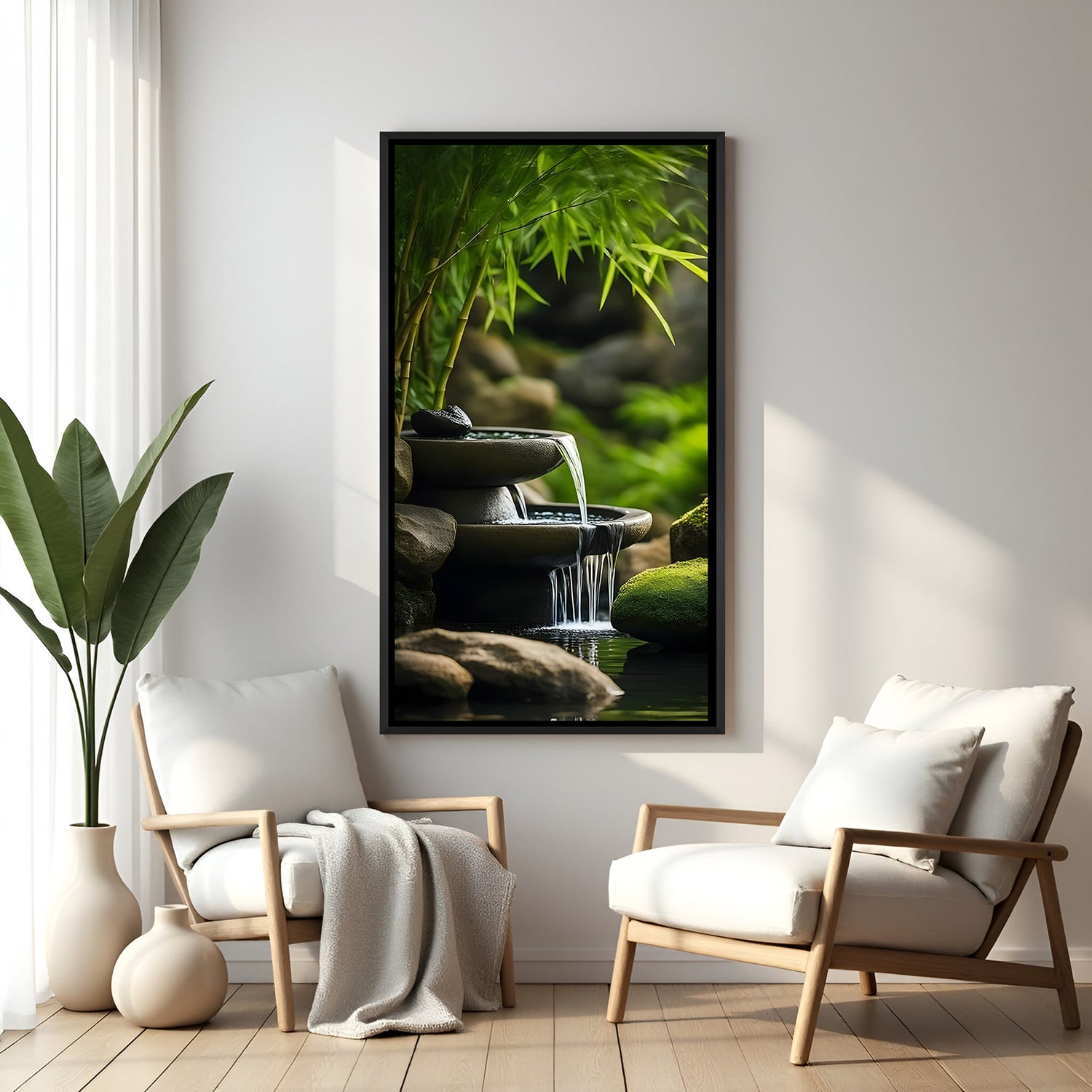 Tranquil Zen fountain artwork featuring bamboo and flowing water in elegant black floater frame