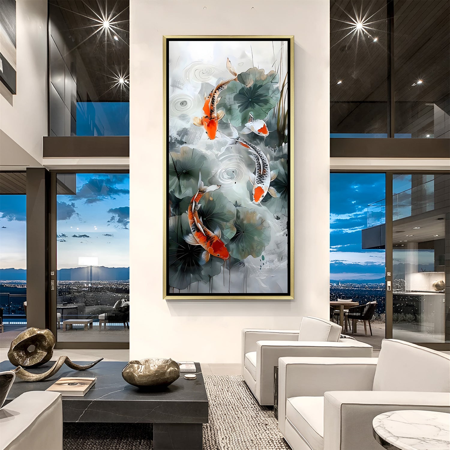 Emerald Lotus Haven Koi Fish artwork in luxury golden floater frame featuring colorful carp and lotus foliage