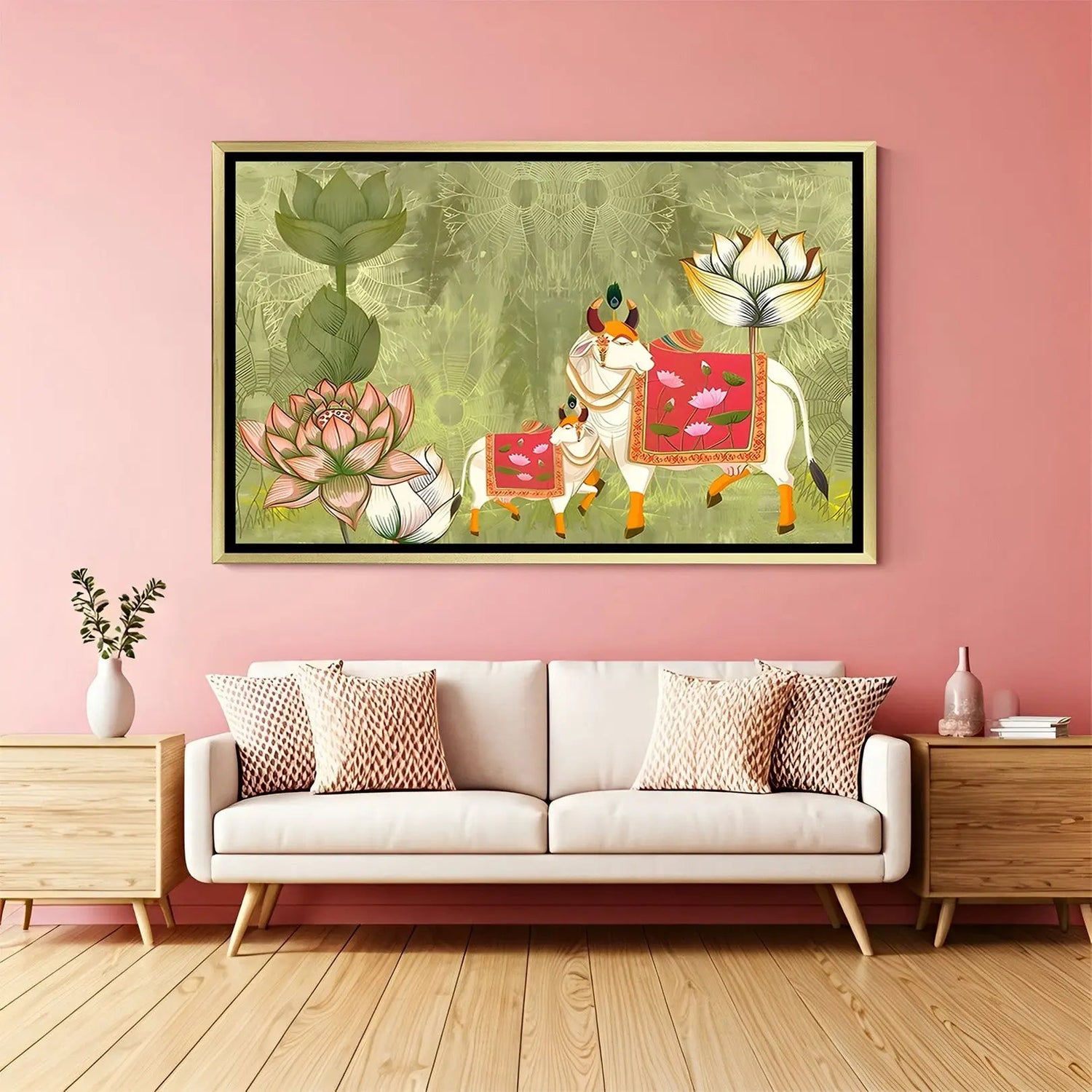 Emerald Lotus Kamadhenu artwork in luxury golden floater frame featuring sacred cow, calf, and blooming lotus flowers