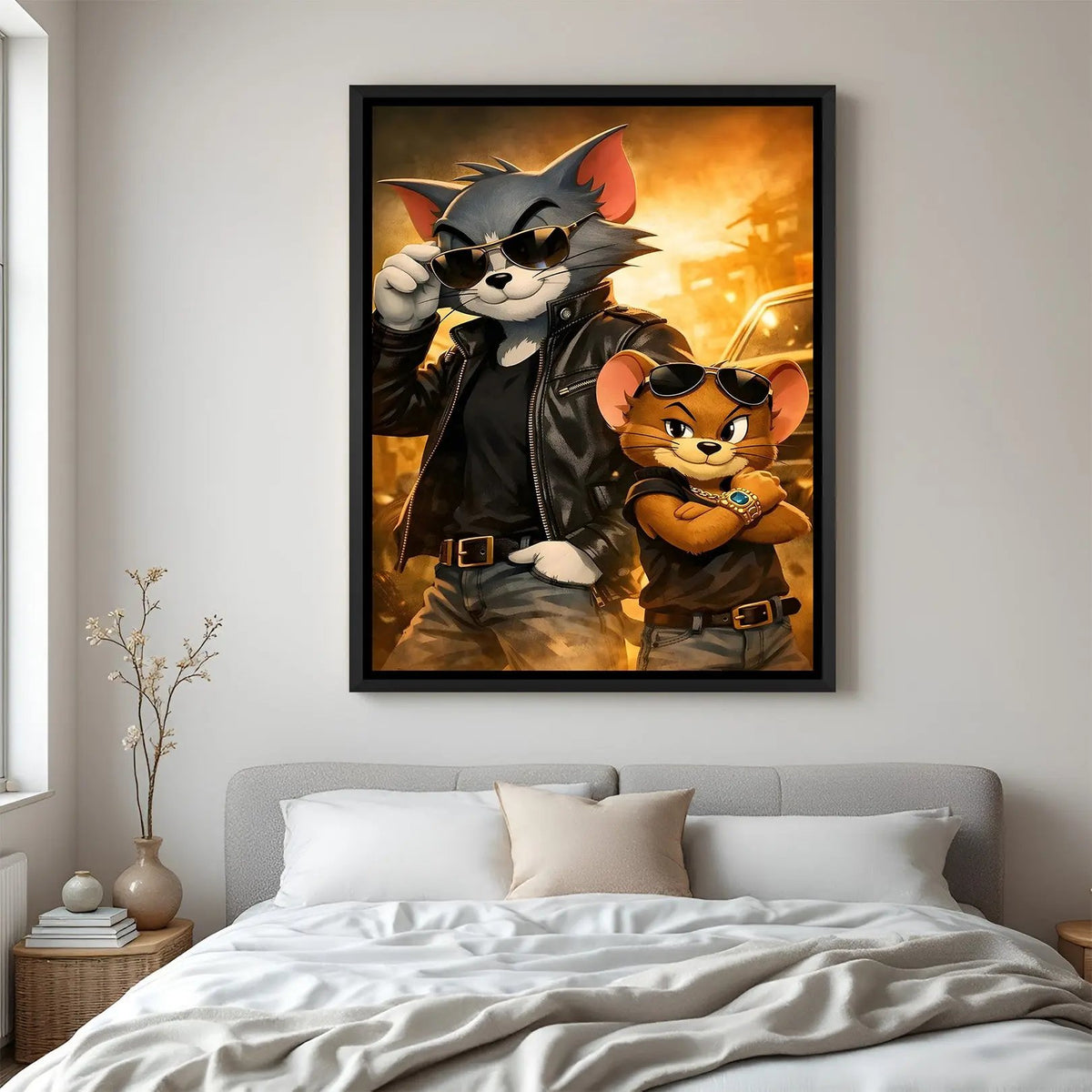 Tom and Jerry gangster artwork in elegant black floater frame with luxury street-style cartoon aesthetic