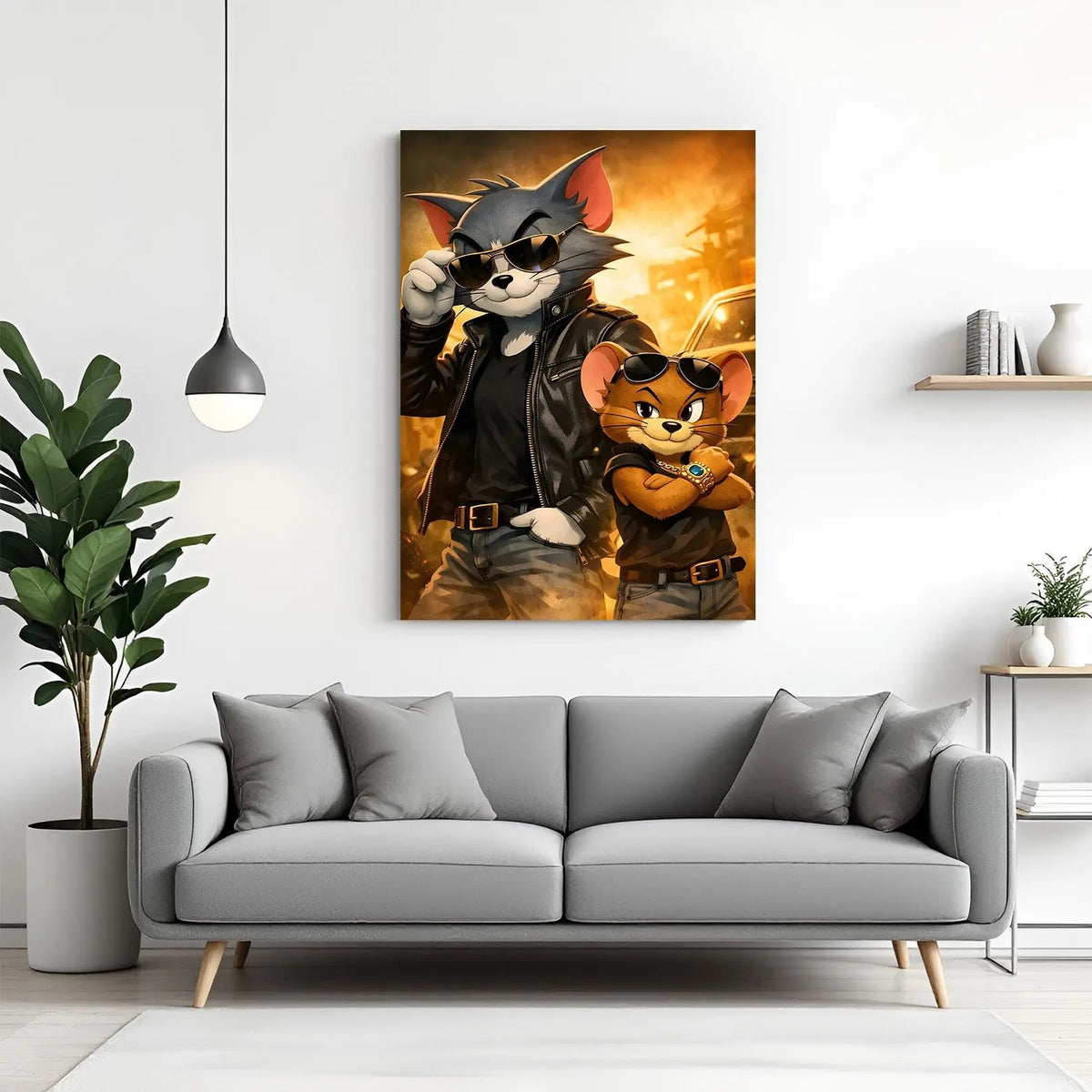 Tom and Jerry gangster canvas wall art in premium canvas wrapped frame featuring stylish mafia-inspired cartoon design