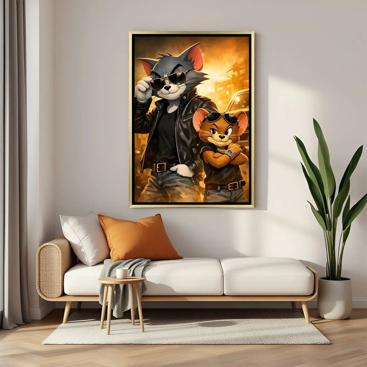 Luxury Tom and Jerry gangster canvas artwork in golden floater frame featuring bold cartoon mafia-inspired decor