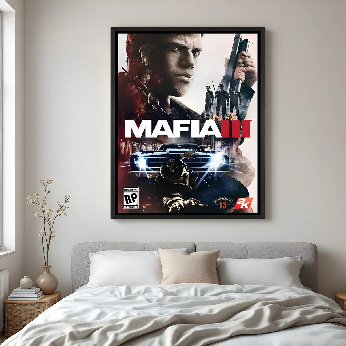 Empire of Shadows wall painting in black floater frame with vintage crime-inspired gaming artwork