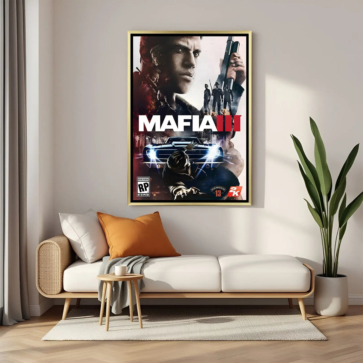 Empire of Shadows artwork in luxury golden floater frame featuring classic mafia-style character and city atmosphere