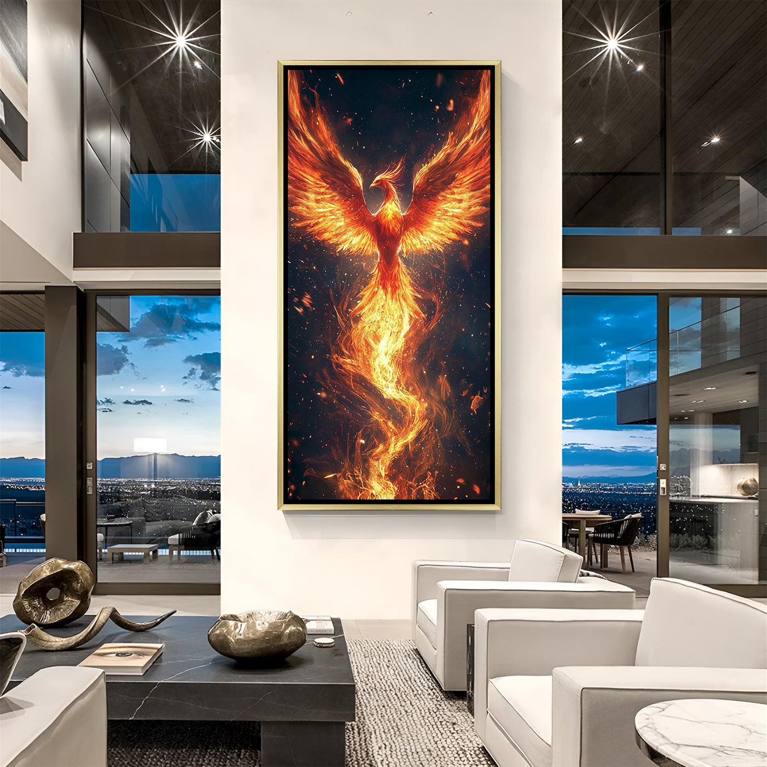 golden framed fiery phoenix canvas wall art with warm reddish tones and glowing embers, symbolizing transformation success and uplifting vastu energy for entryway or meditation space