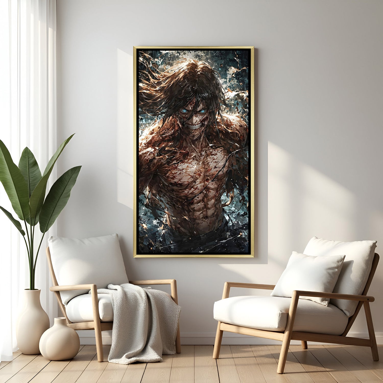 Eren titan anime canvas wall art with golden frame