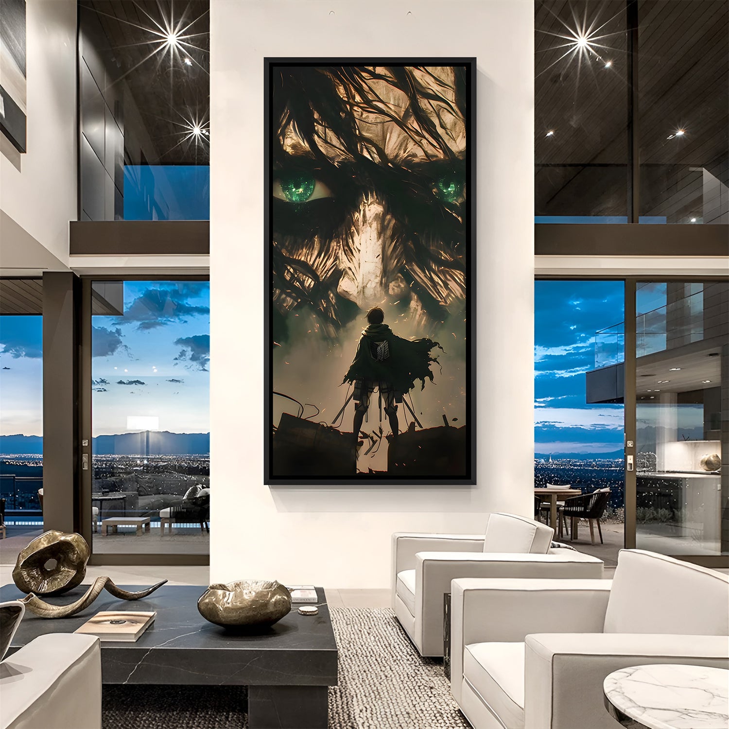 Eren Yeager anime canvas artwork in premium black floater frame for gaming room decor