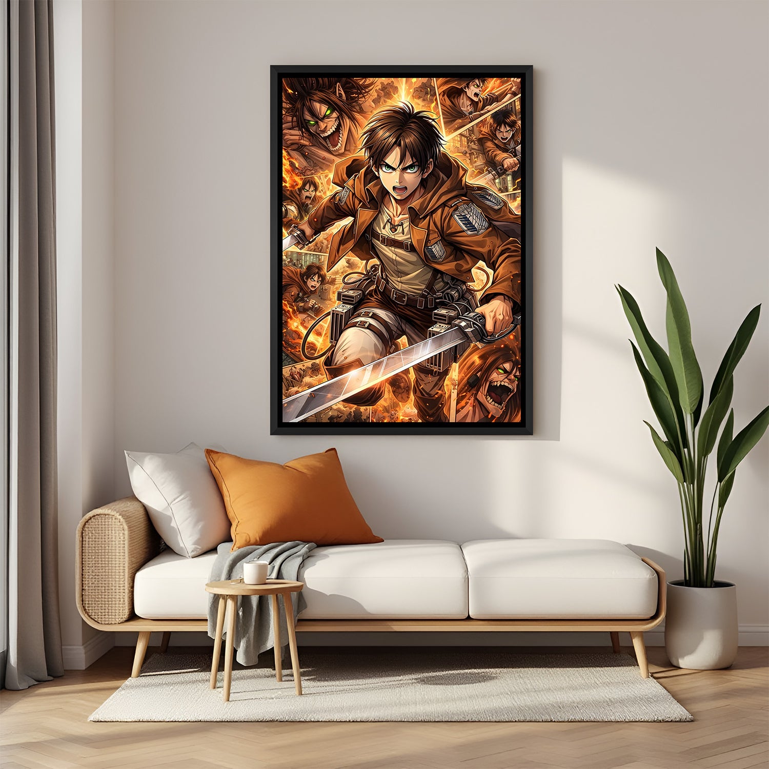 Eren Yeager anime canvas artwork in premium black floater frame for gaming room decor