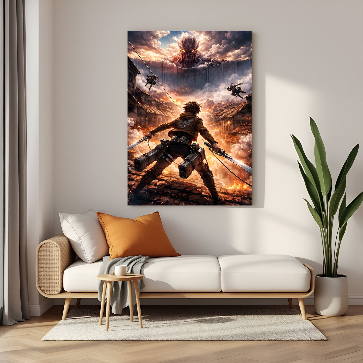 Eren Yeager vs Armored Titan canvas painting with anime battle artwork in canvas wrapped frame