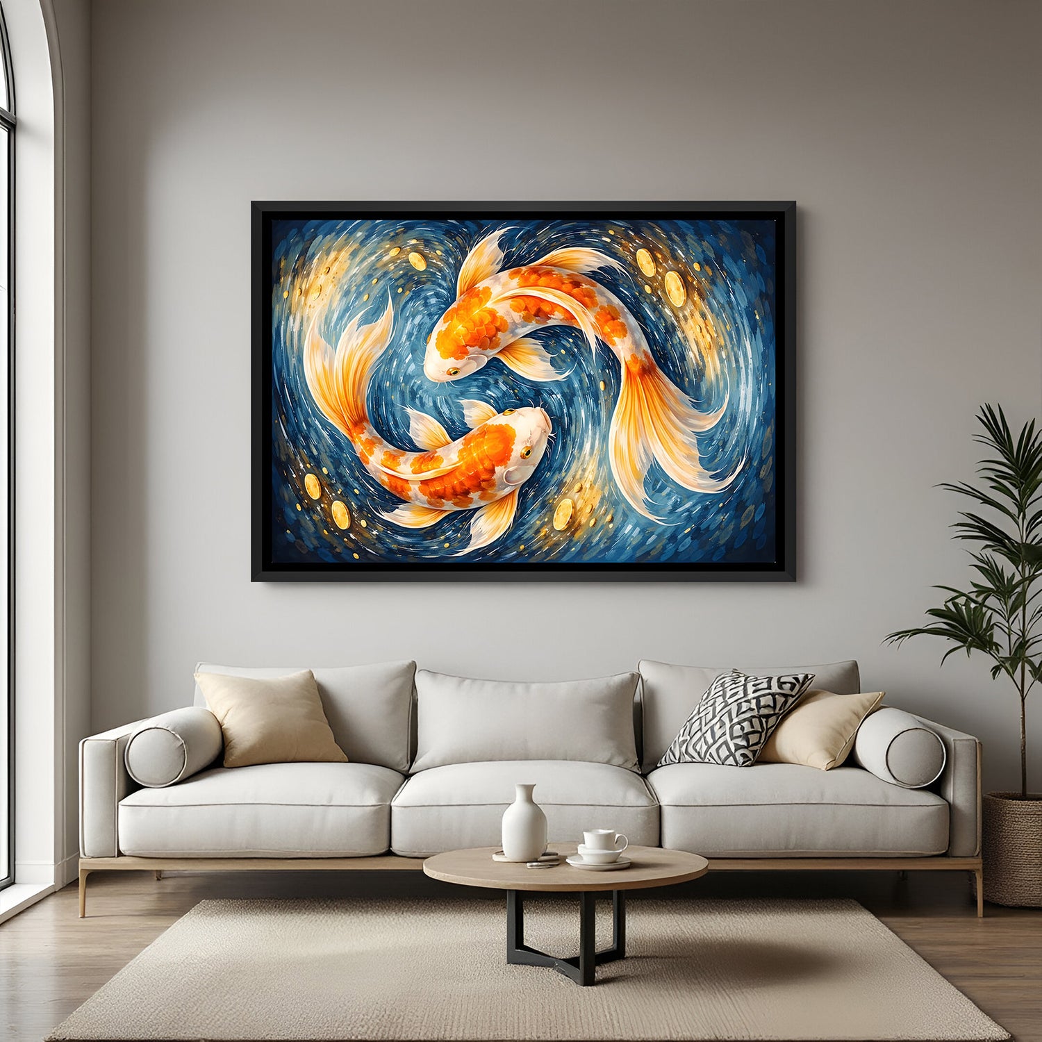 Dynamic koi fish yin yang wall artwork in elegant black floater frame
