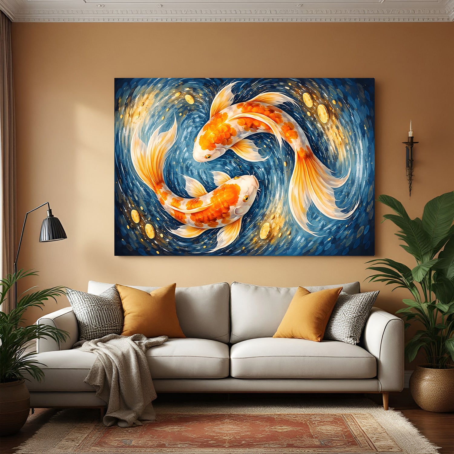White and orange koi fish swimming in a yin yang circular motion in premium canvas wrapped frame