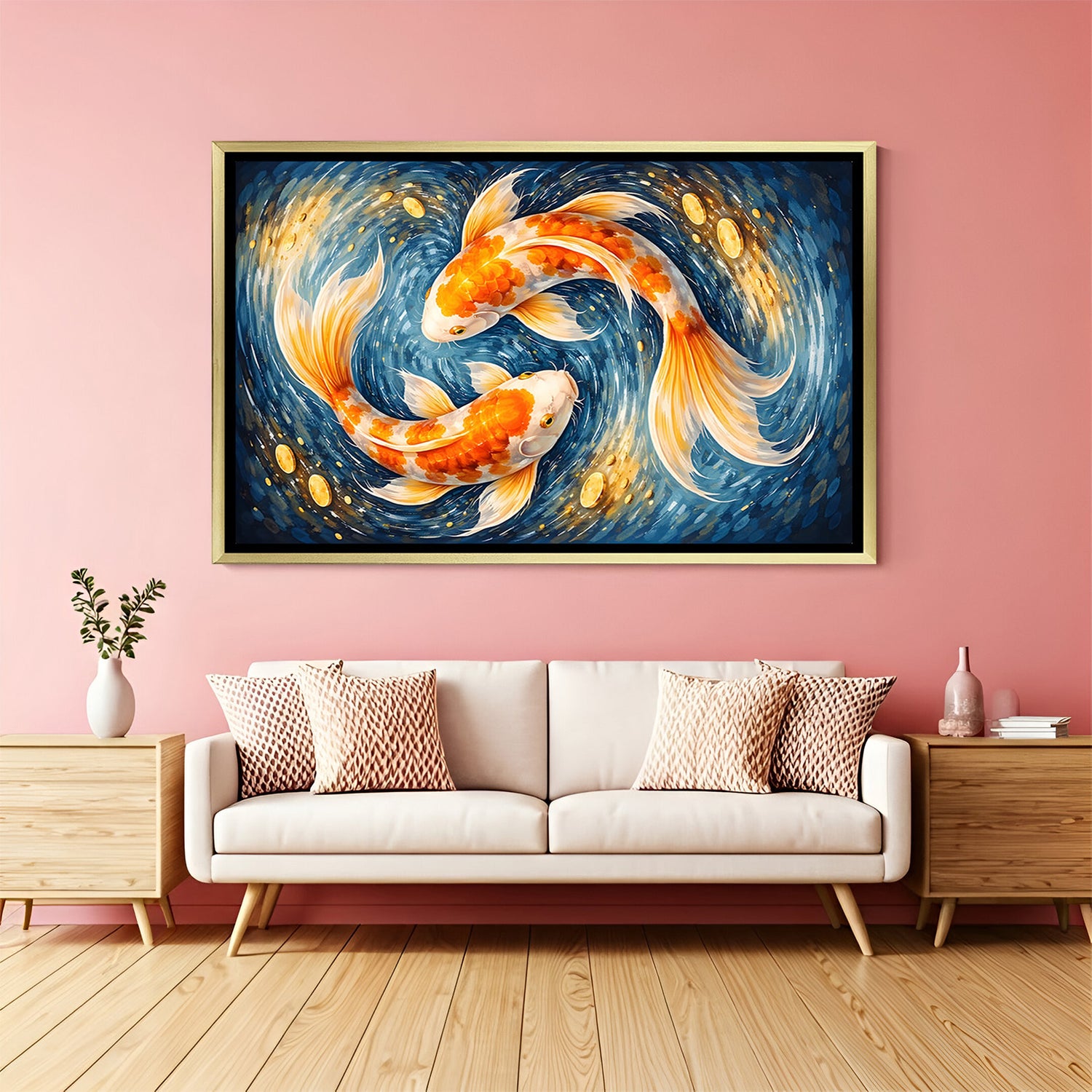 Eternal Balance Koi artwork in luxury golden floater frame featuring white and orange fish in circular motion