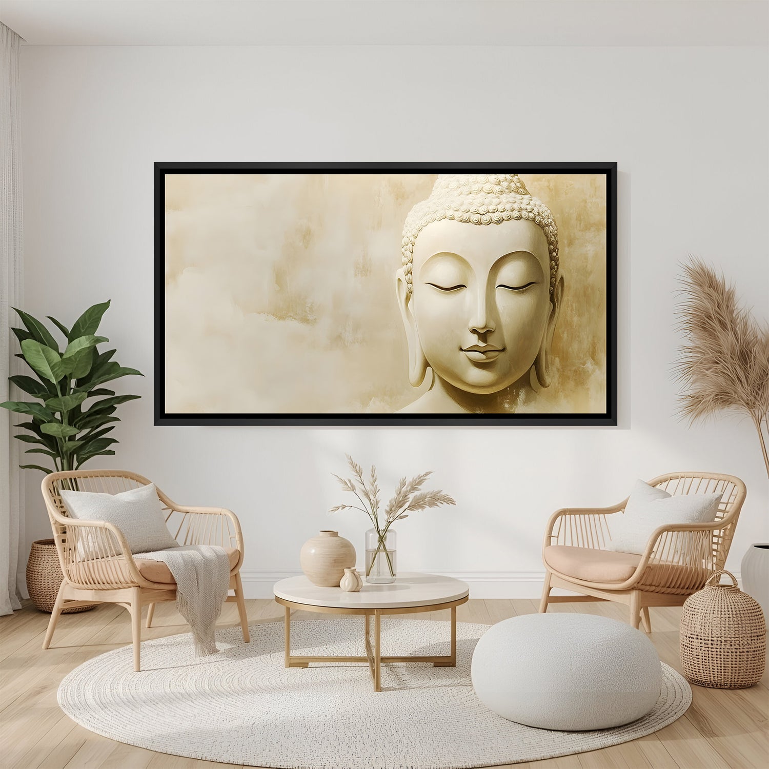 Modern Buddha artwork in black floater frame with soft neutral background and calming aesthetic.
