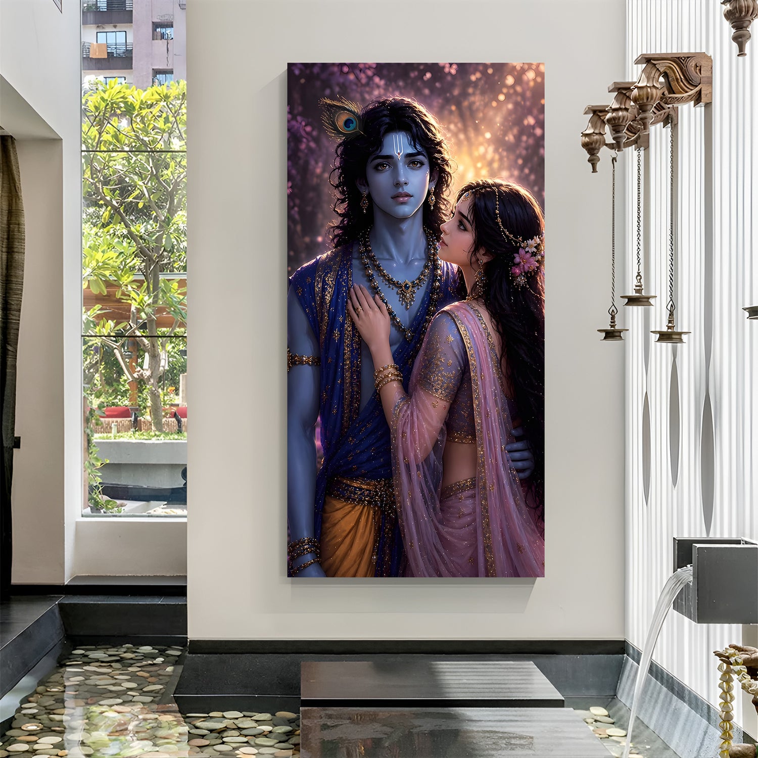 Radha Krishna divine love canvas wall art in canvas wrapped frame with vibrant spiritual depiction