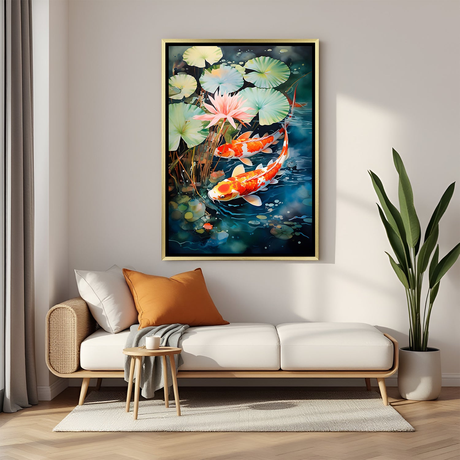 Premium koi fish artwork with lotus pond design in luxury golden floater frame for wall decor