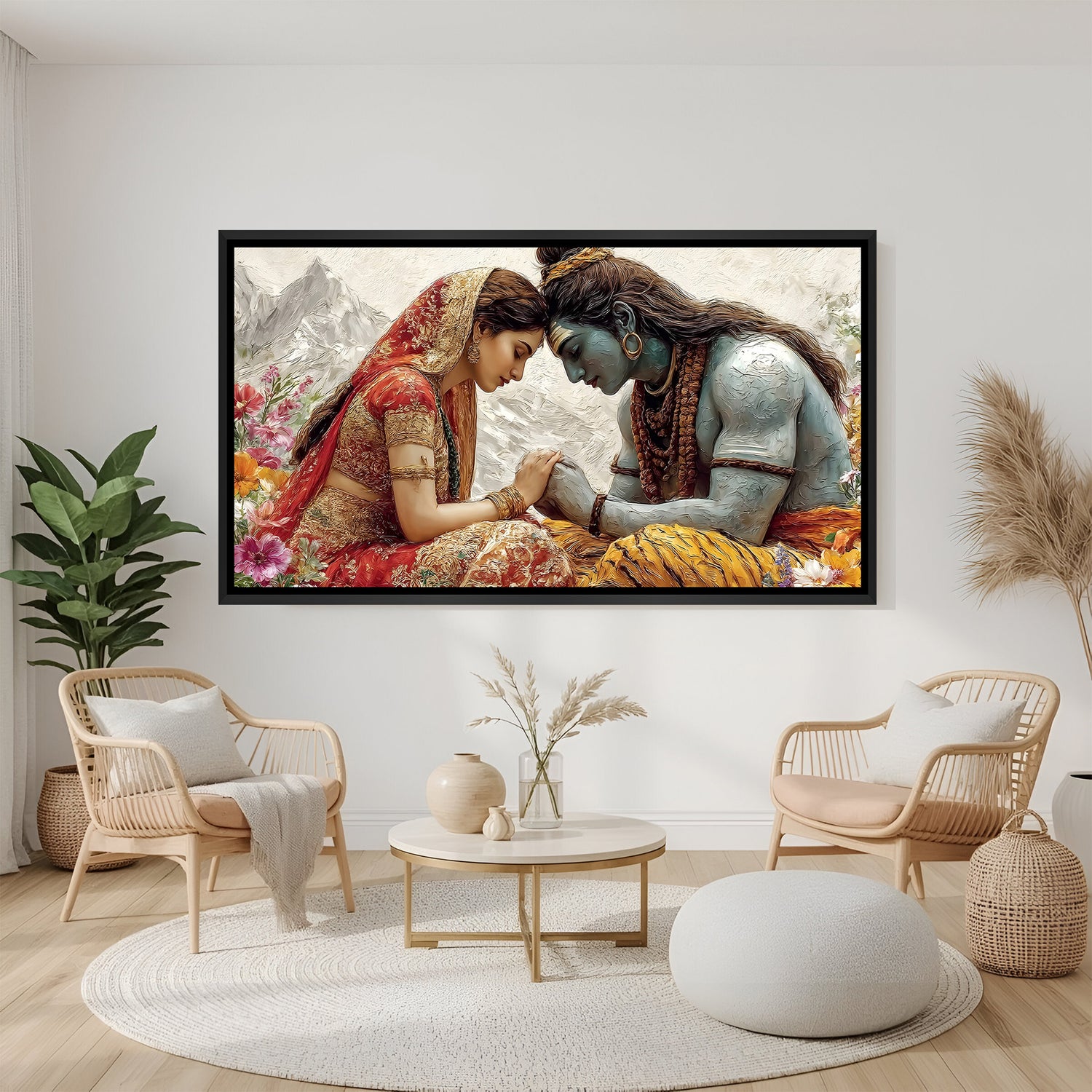 Shiv Shakti artwork featuring Lord Shiva and Goddess Parvati in elegant black floater frame