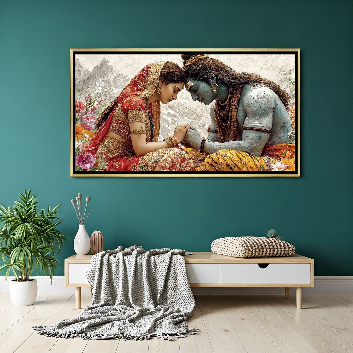 Divine Shiv Shakti canvas painting with Shiva and Parvati in luxurious golden floater frame