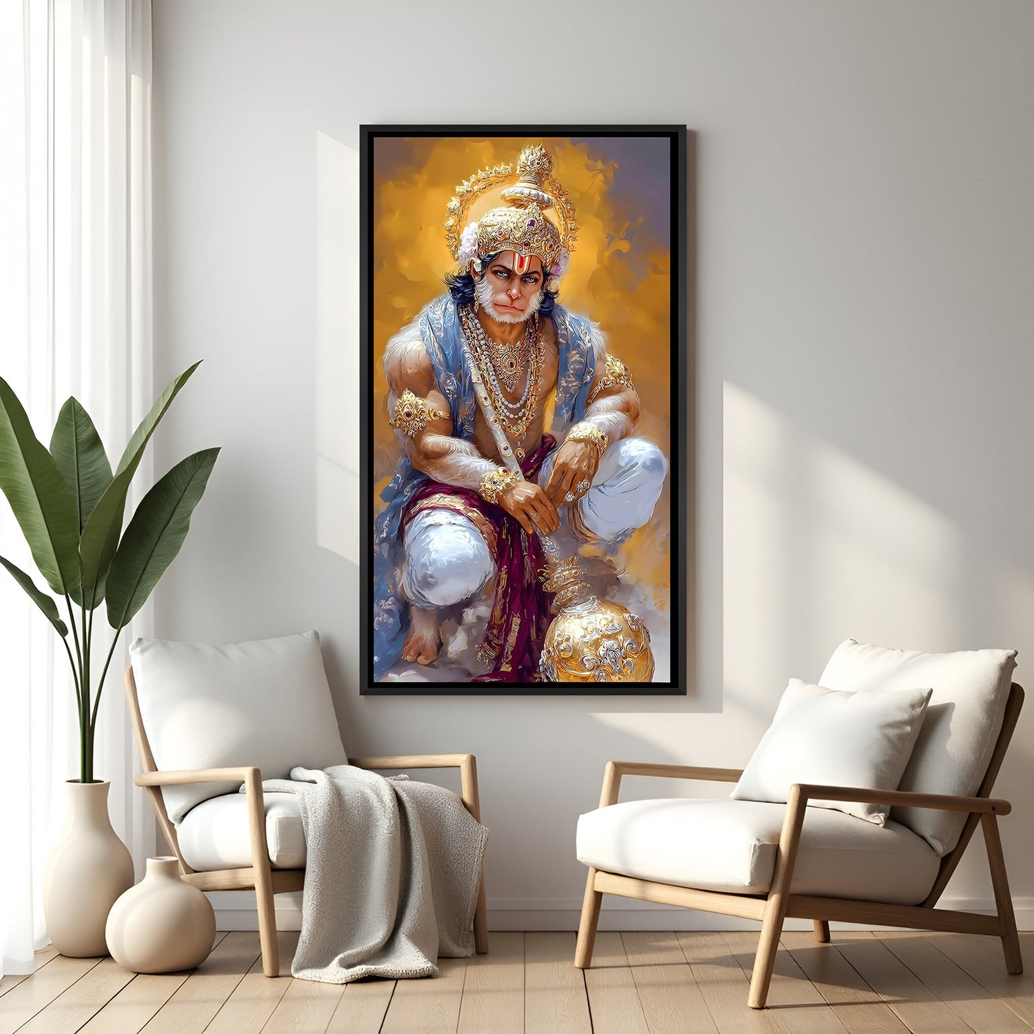 Hanuman Ji sitting with gada wall artwork in elegant black floater frame
