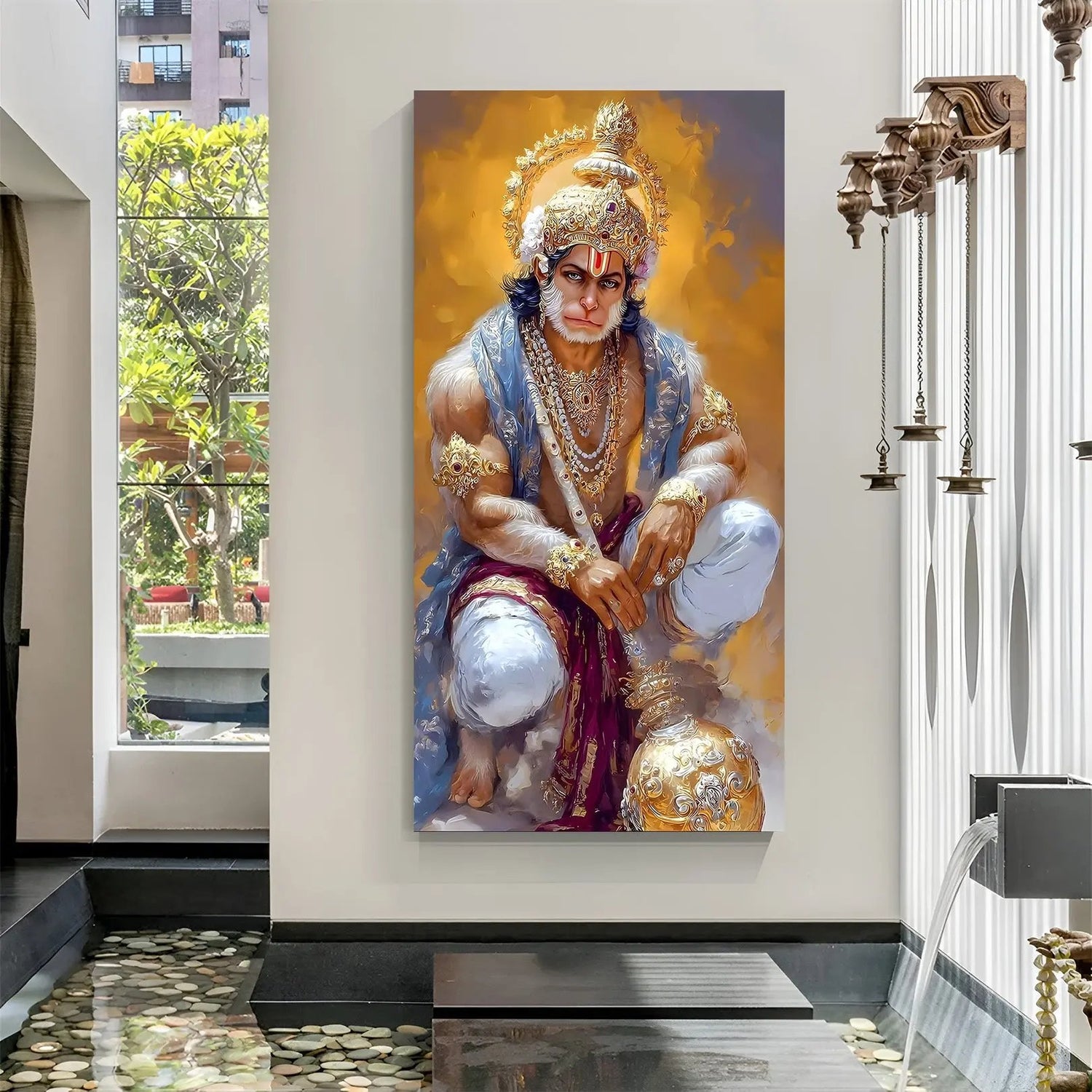 Lord Hanuman seated with sacred gada canvas painting in premium canvas wrapped frame