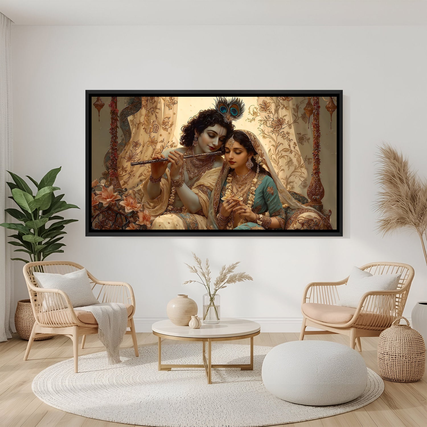 Radha Krishna spiritual wall painting in elegant black floater frame for modern home décor