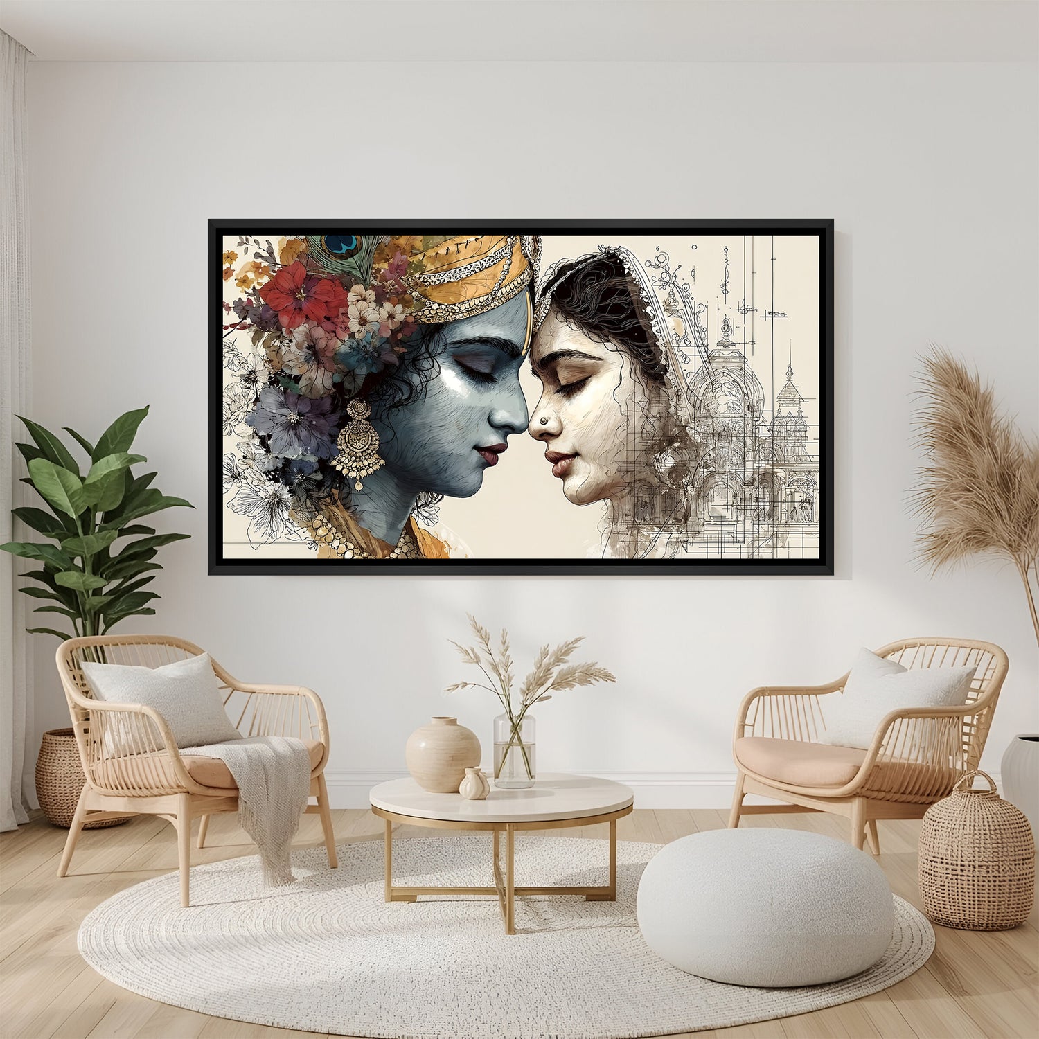 Elegant Radha Krishna devotional wall artwork in sophisticated black floater frame