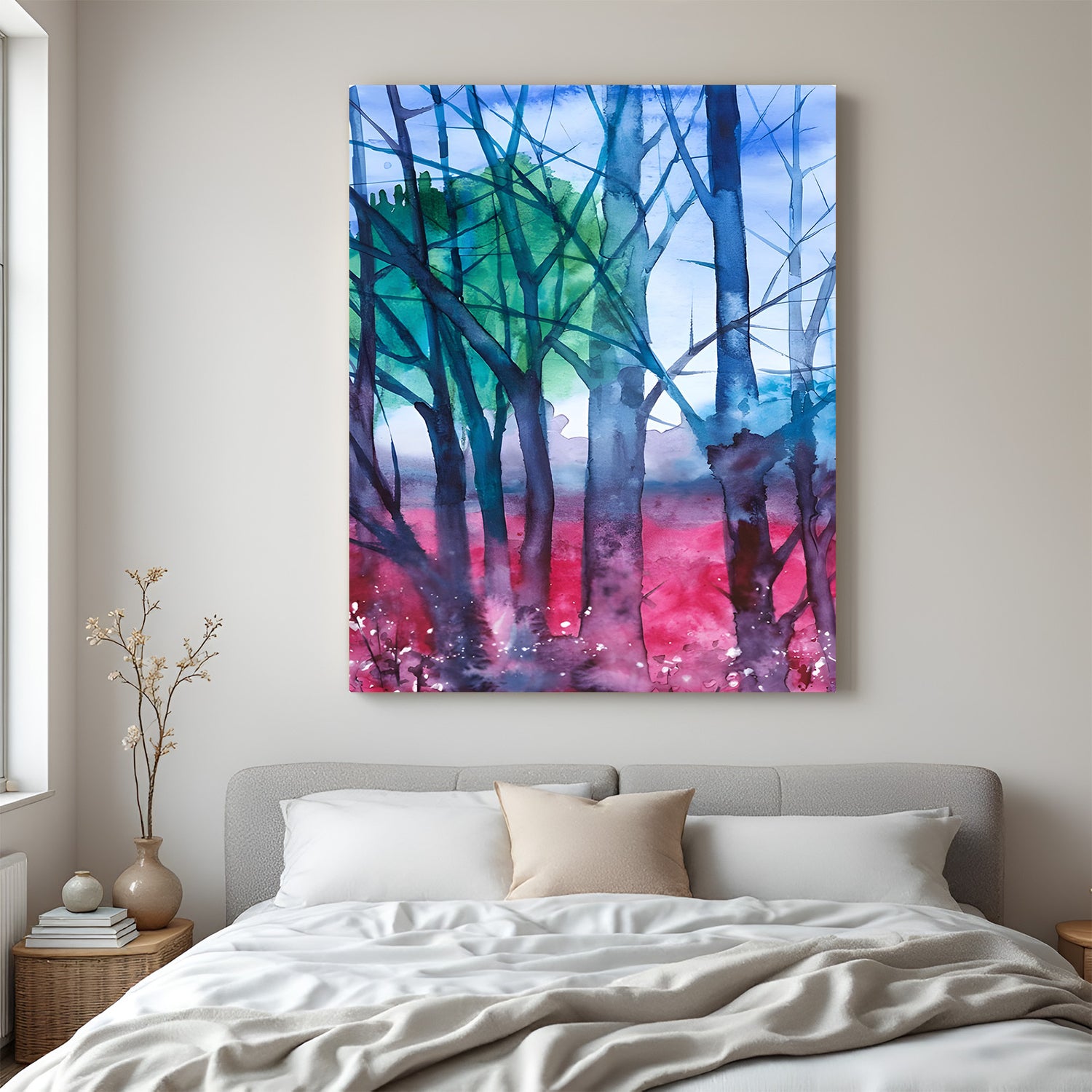 Modern abstract jungle style canvas art with leafless trees in painted bluish reddish tones