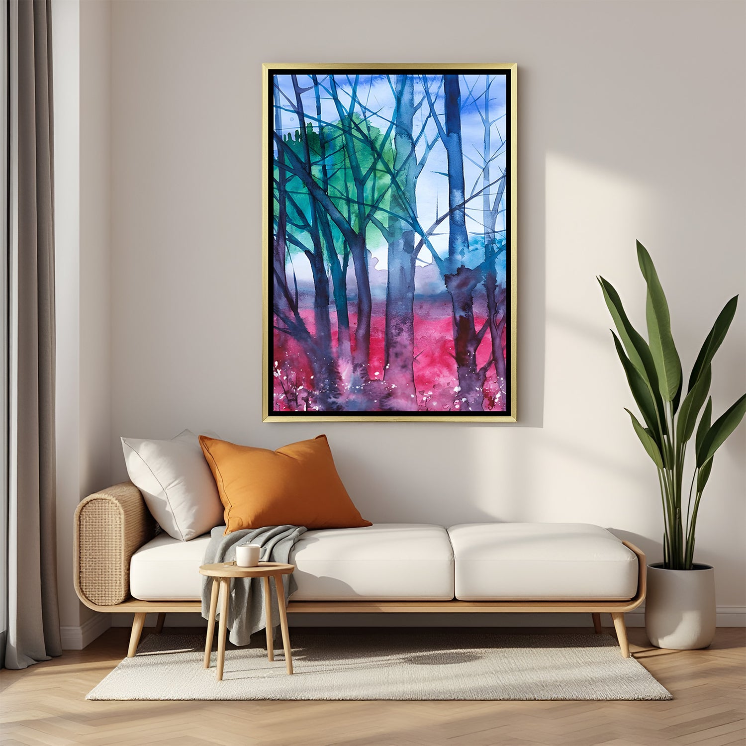 Abstract jungle tree artwork canvas in luxury golden floater frame with bluish and reddish tones