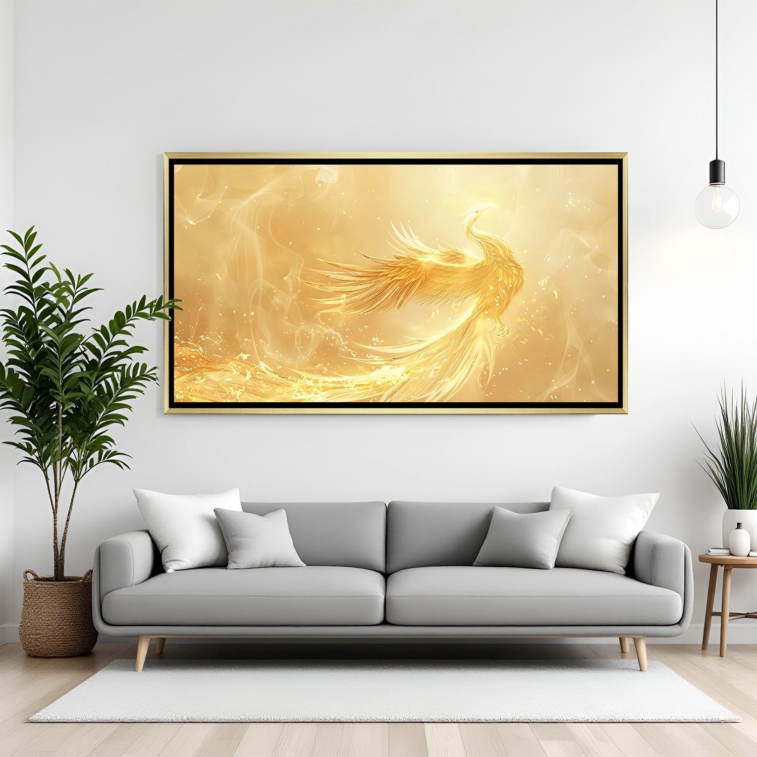 Luxury champagne gold phoenix wall art in gold frame adding warmth to contemporary interior.